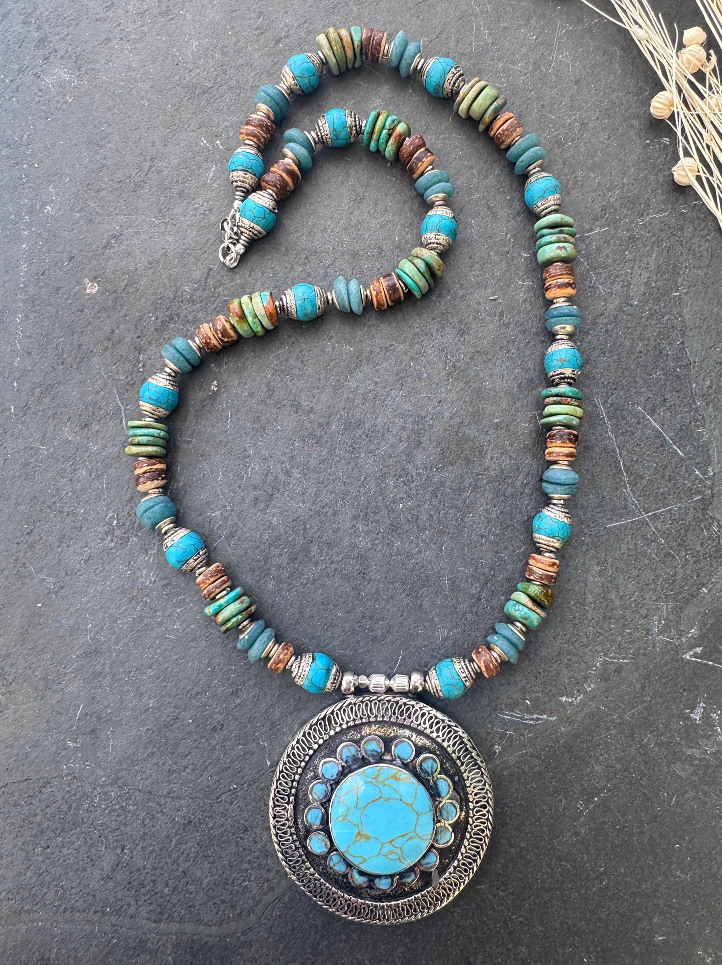 Hubei turquoise, turquoise, java glass, solver capped turquoise , wood, silver metal, necklace