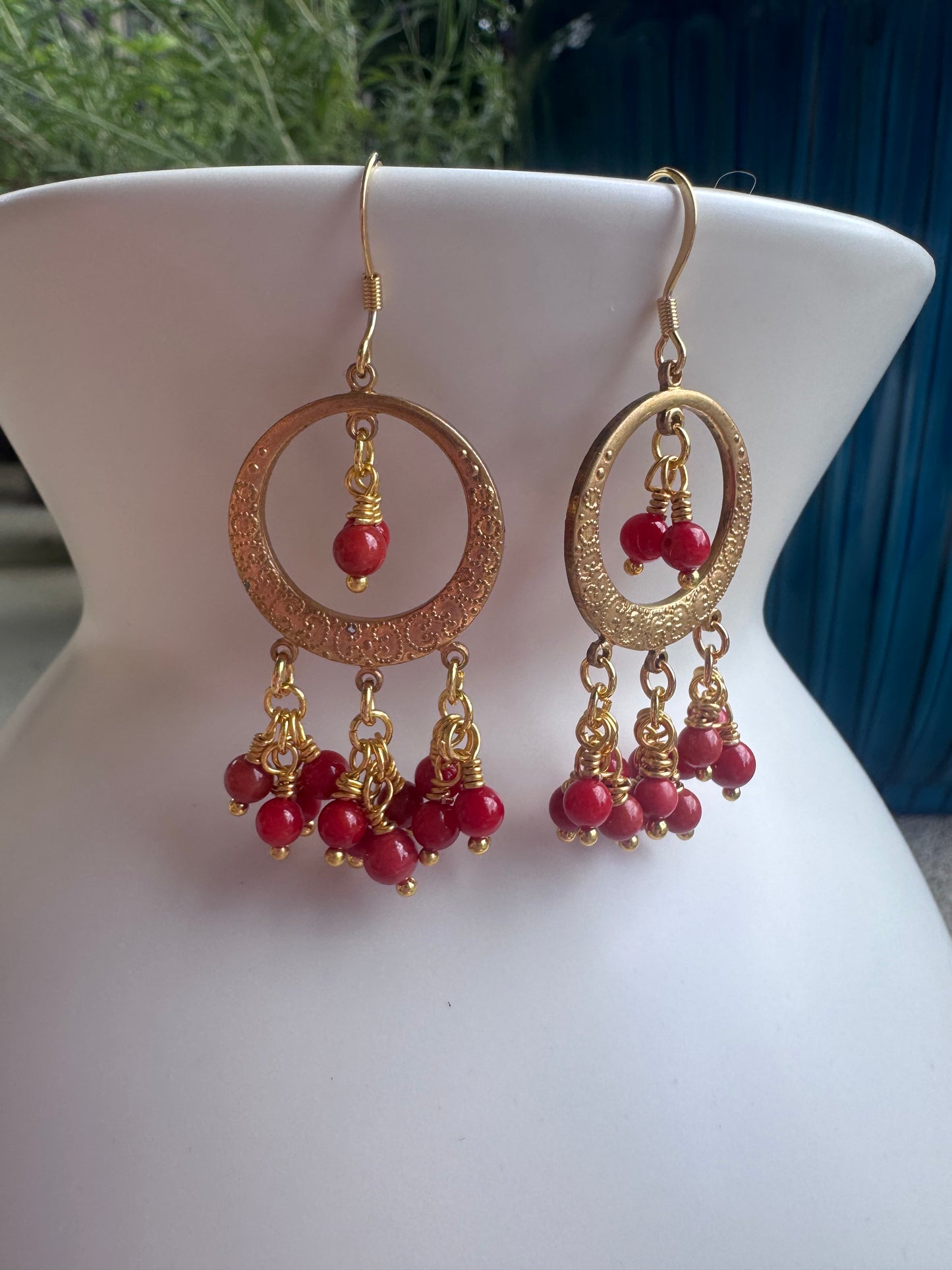 Red coral, dangle, chandelier, brass metal, earrings