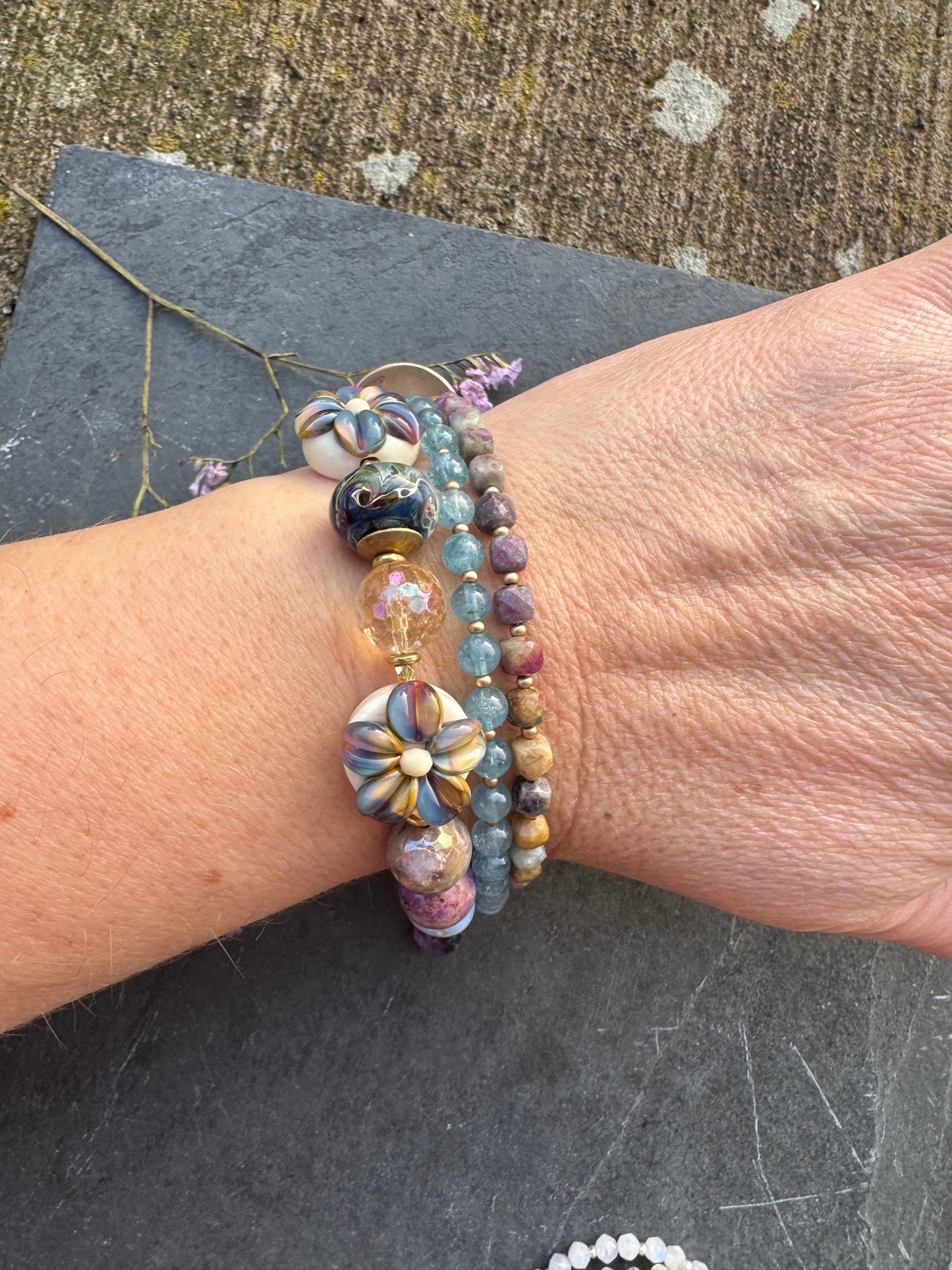 Lamp work glass, mixed gemstone, handmade, lotus flower metal button clasp ￼