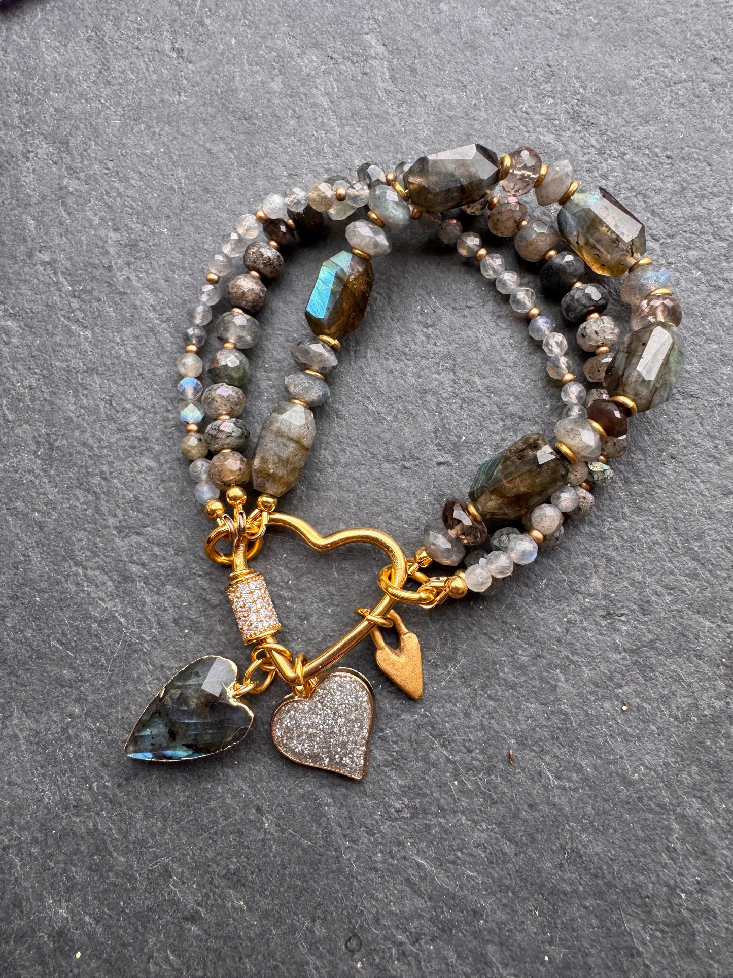 Labradorite faceted stone, rhinestone heart clasp, multi strand, charm, bracelet.