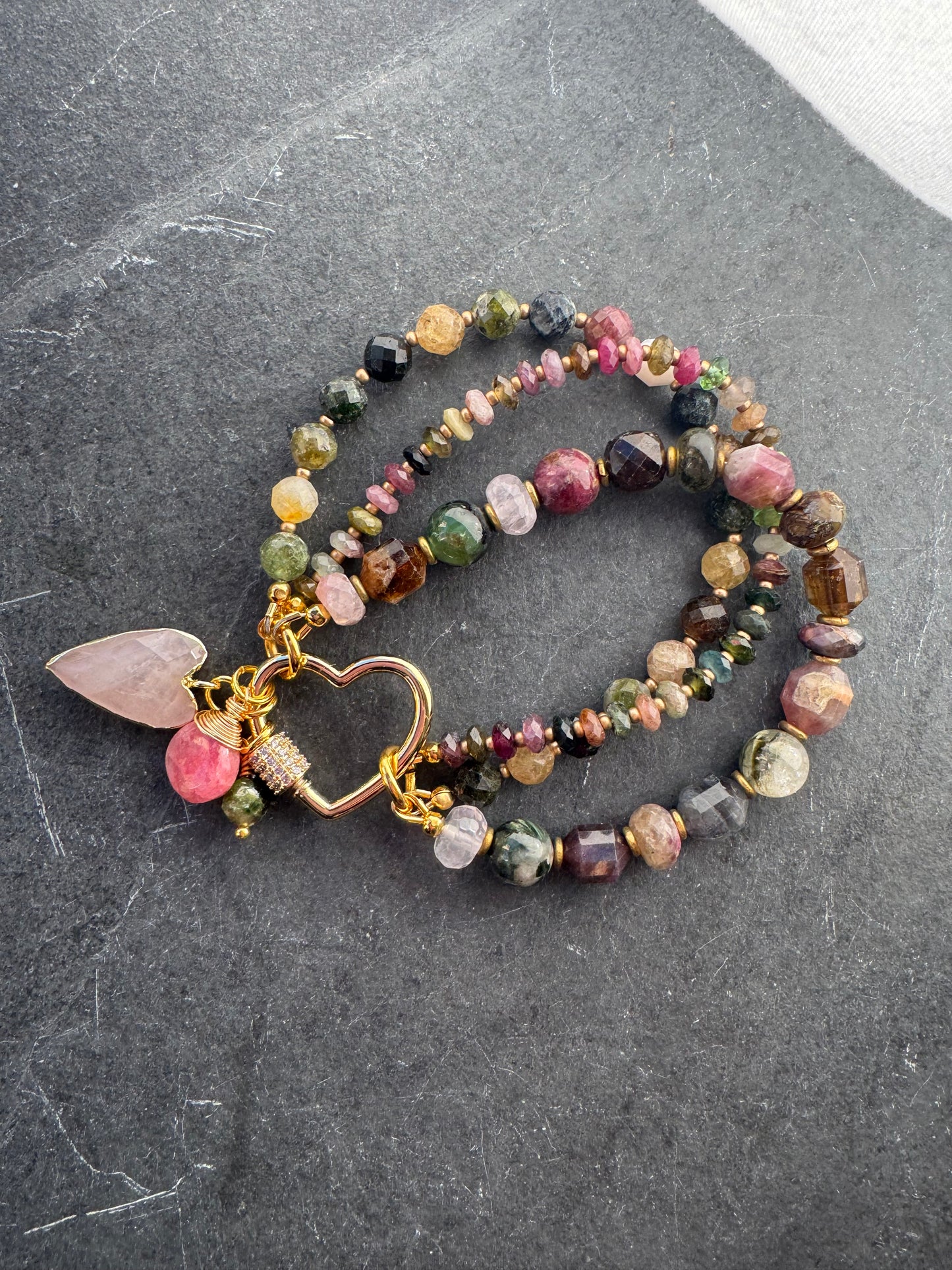 Watermelon tourmaline stone, rose quartz, strawberry quartz, gold metal, bracelet. Heart twist clasp. MTO