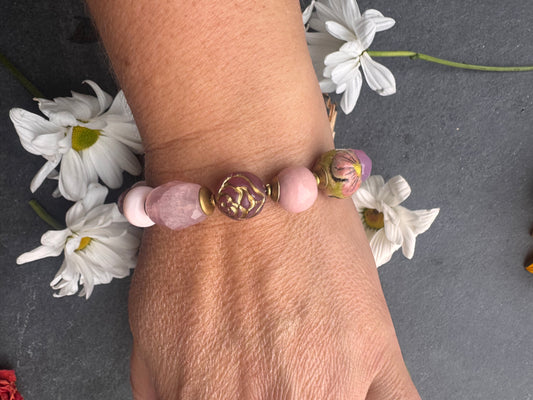 Pink gemstone blend, ceramic, Czech glass and gold metal bracelet.