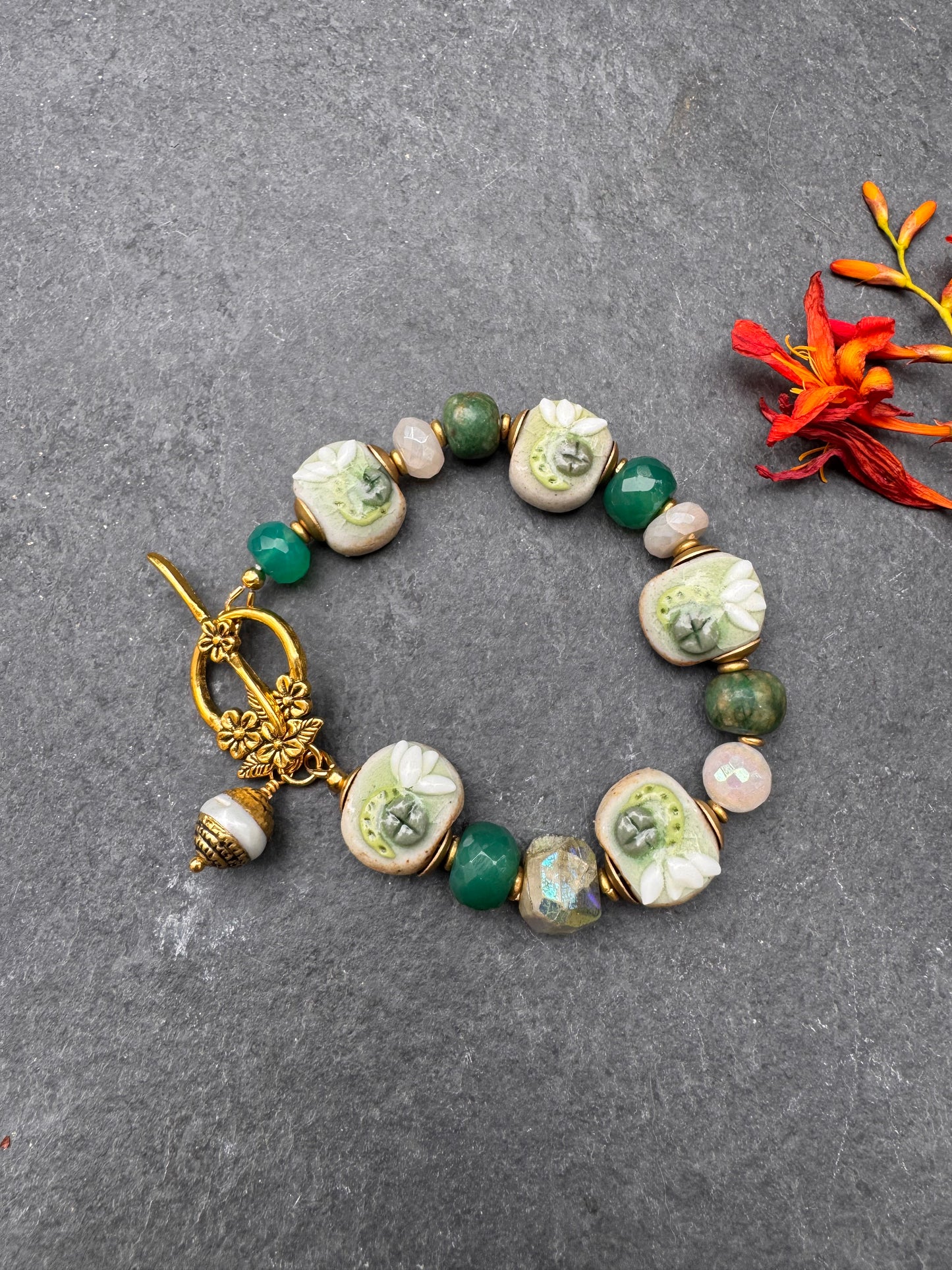 Moonstone, ceramic lotus flower beads, green chalcedony, moonstone, pearl, AB chalcedony, gold metal, bracelet