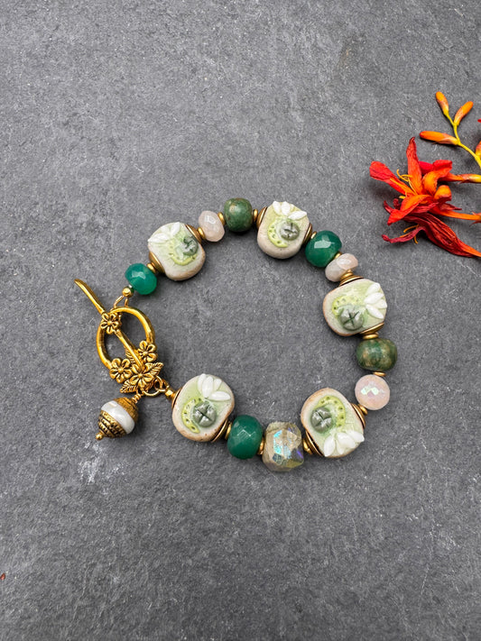 Moonstone, ceramic lotus flower beads, green chalcedony, moonstone, pearl, AB chalcedony, gold metal, bracelet