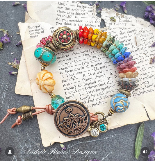 Lotus flower bronze button, Czech glass, Indonesian bead, bone, lampwork glass, African brass, bracelet