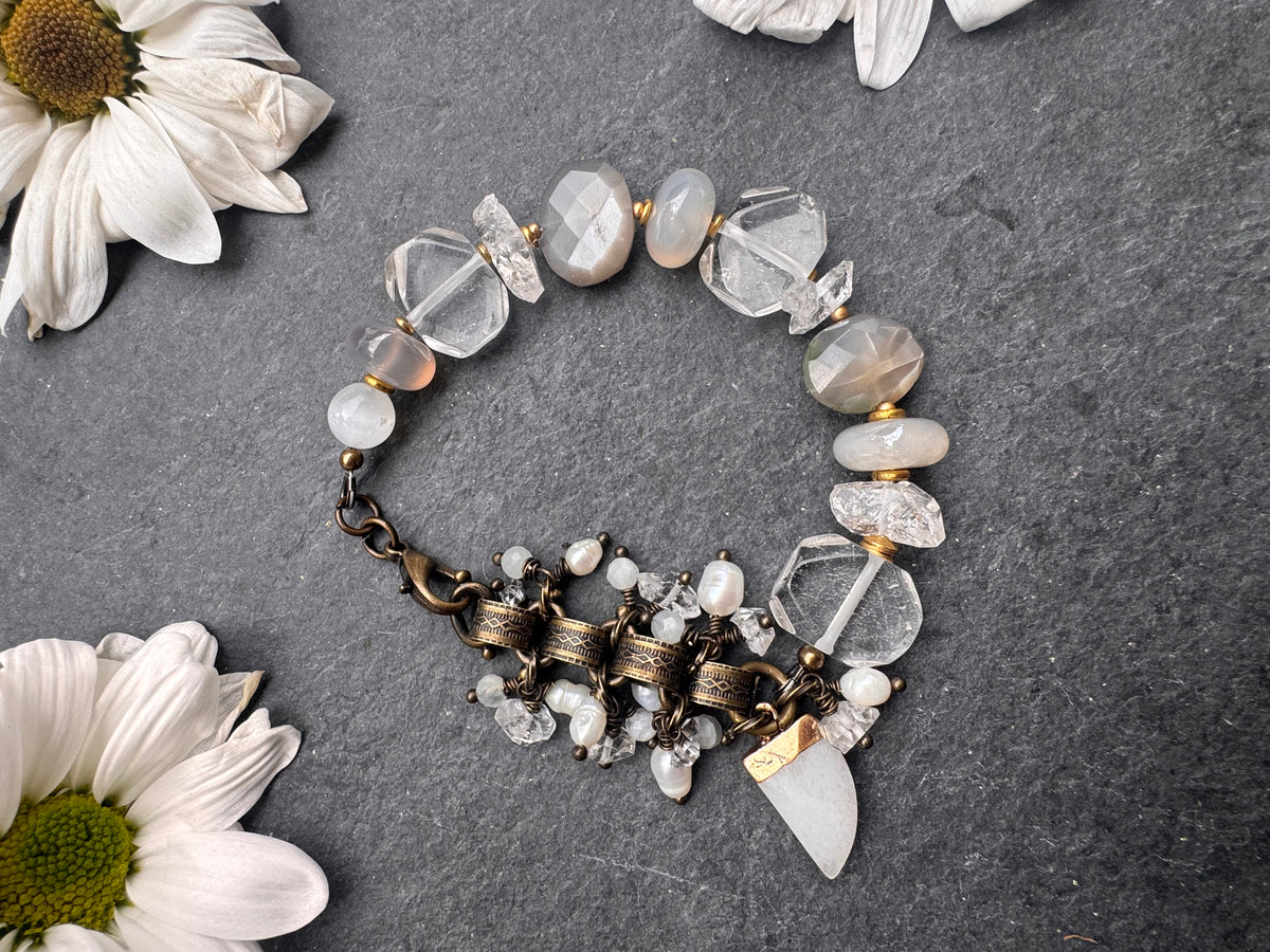 Moonstone, Herkimer diamond, clear quartz, selenite, bronze metal, bracelet