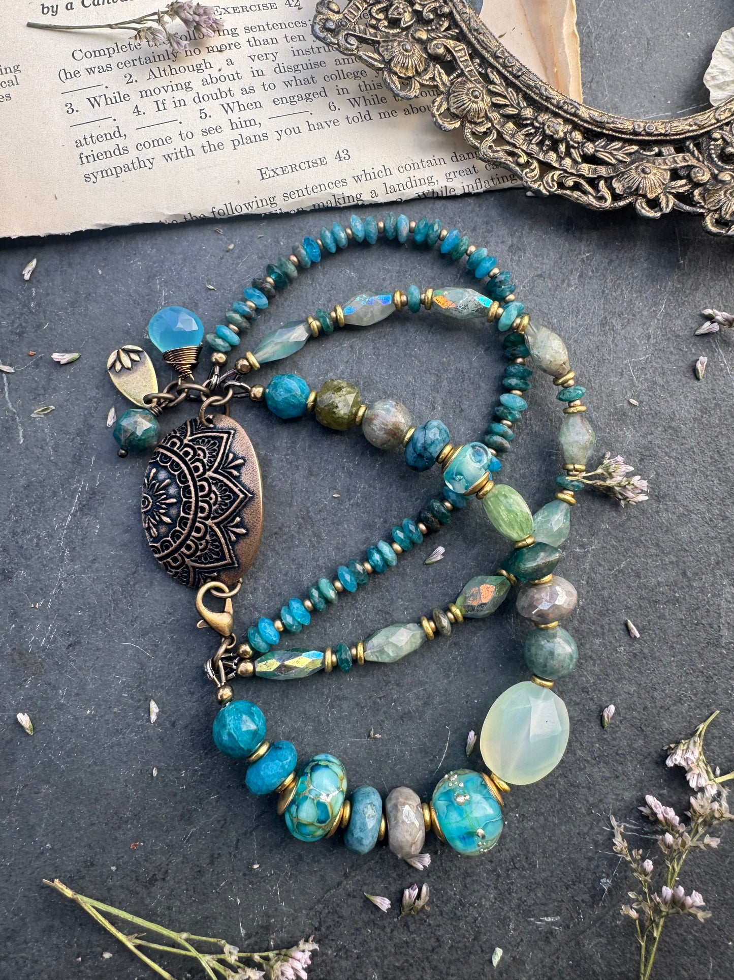 Mixed gemstone, lampwork glass, handmade bronze lotus flower pendant, bracelet