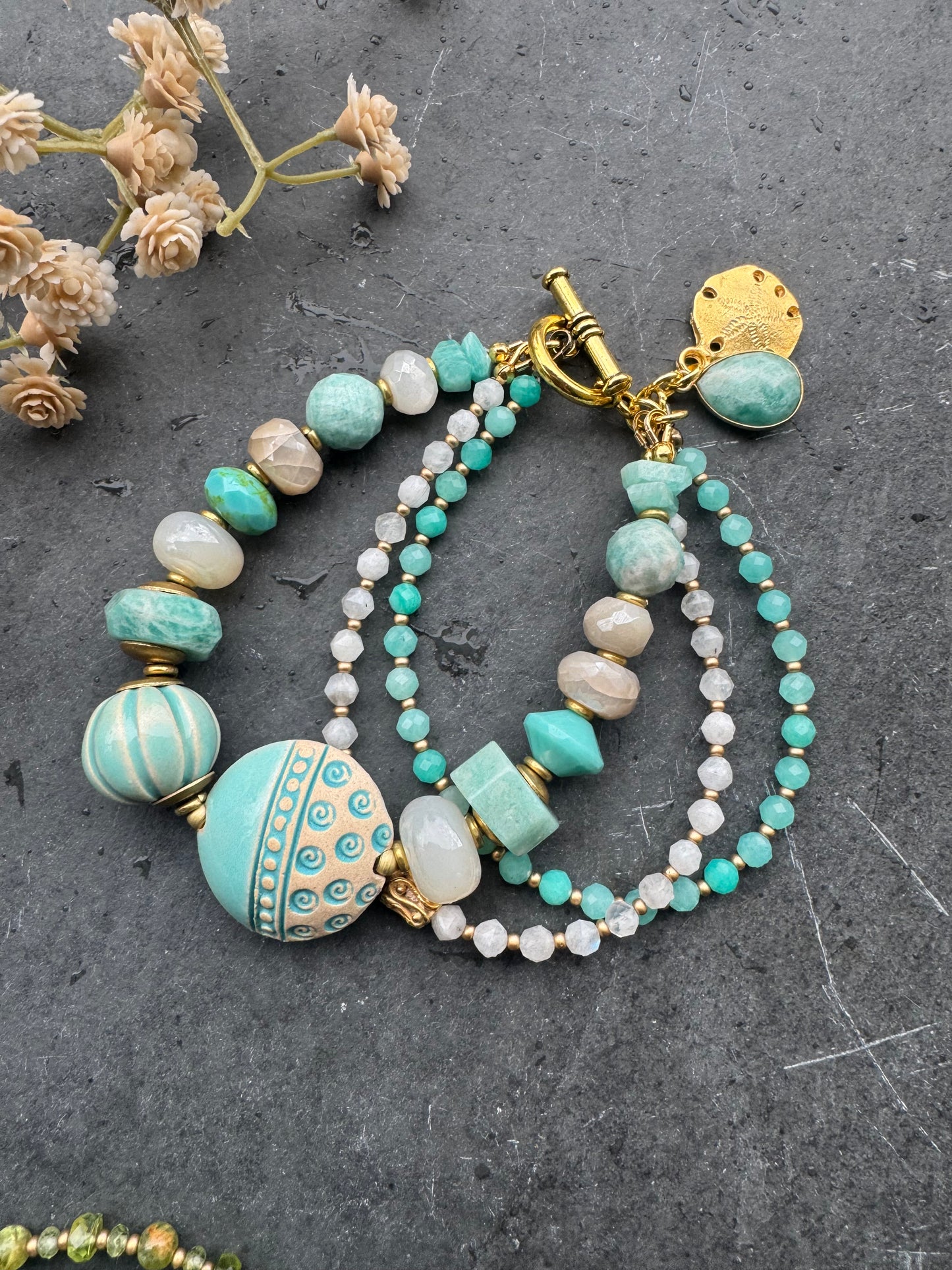 Amazonite, moonstone, ceramic beads, Czech glass, gold metal, bracelet