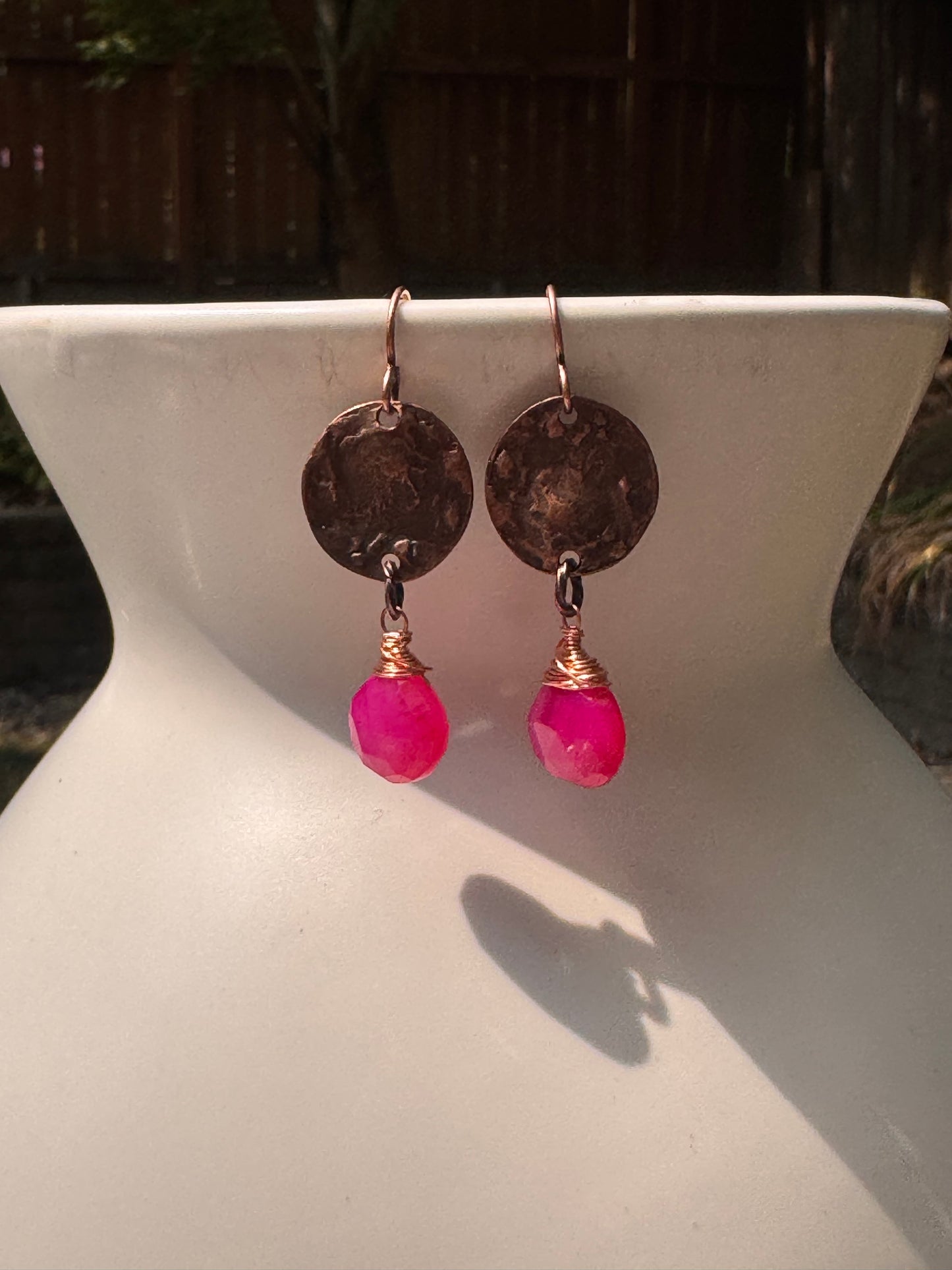 Pink stone, copper metal, earrings