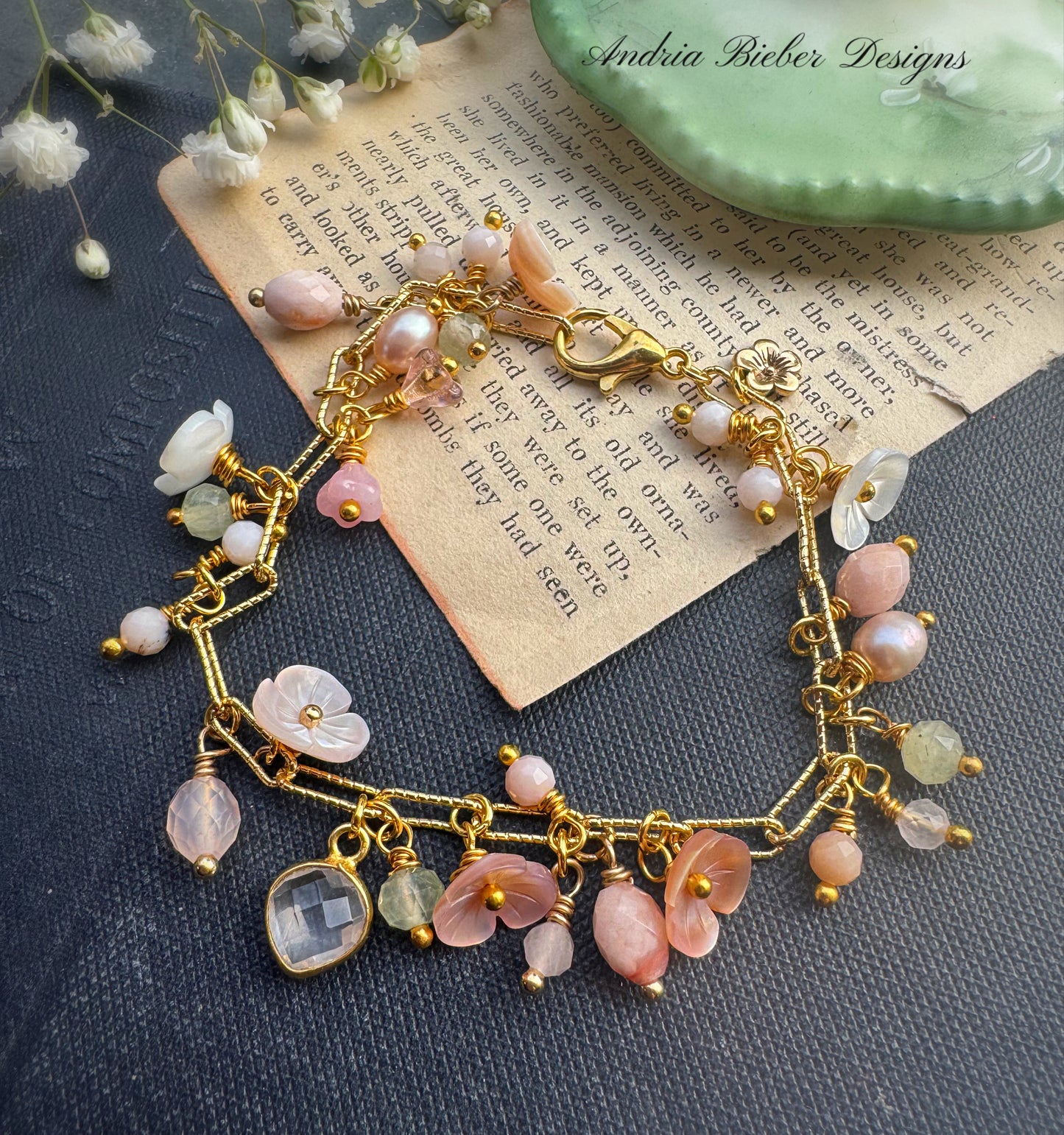 Pink opal, pink shell blossoms, pearls, peridot, rose quartz, gold charm, 14K Heavy Gold Plated Chain, vermeil gold, bracelet.