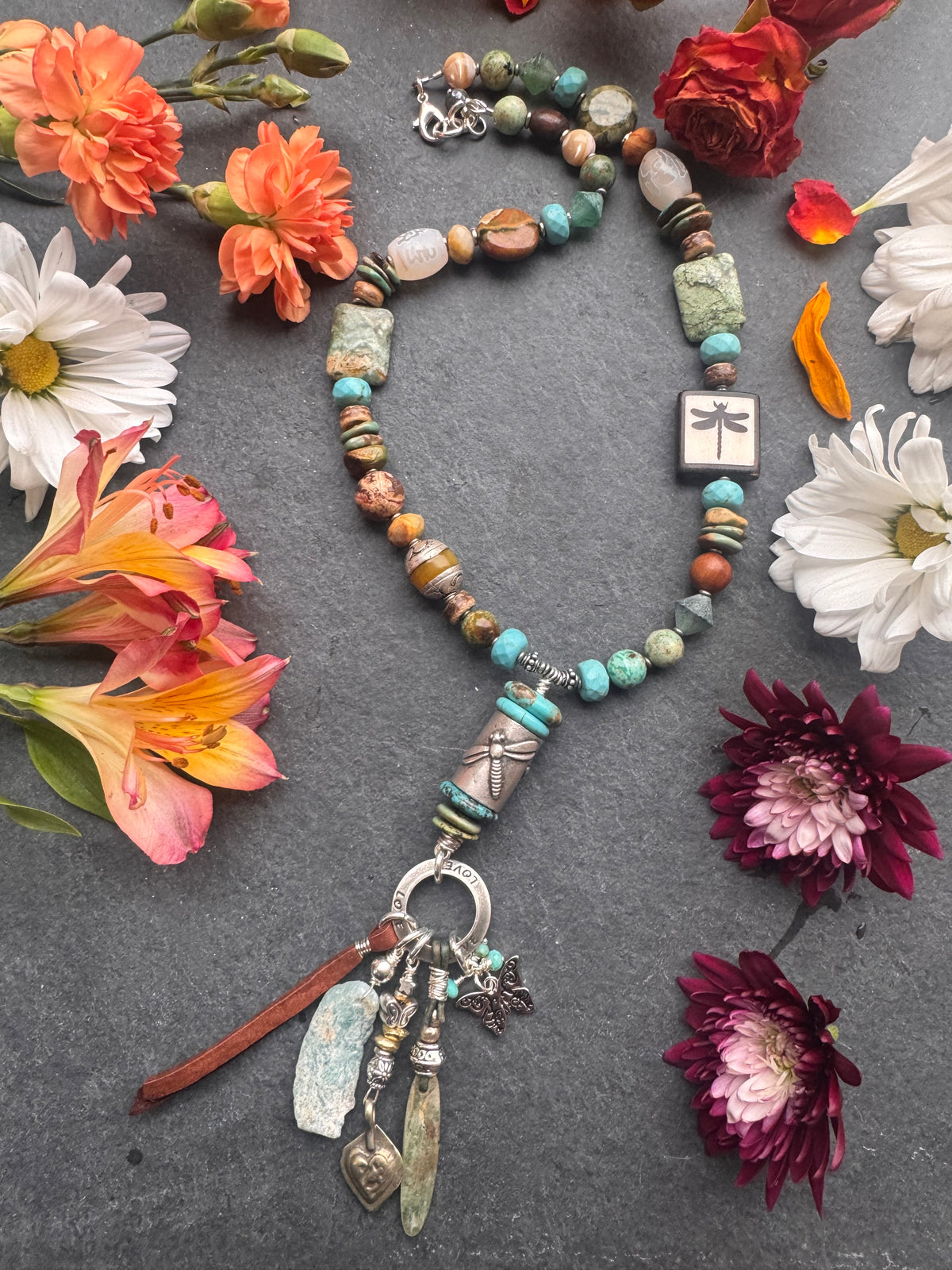 Hubei Turquoise, mixed gemstone, dragonfly, silver metal, necklace.