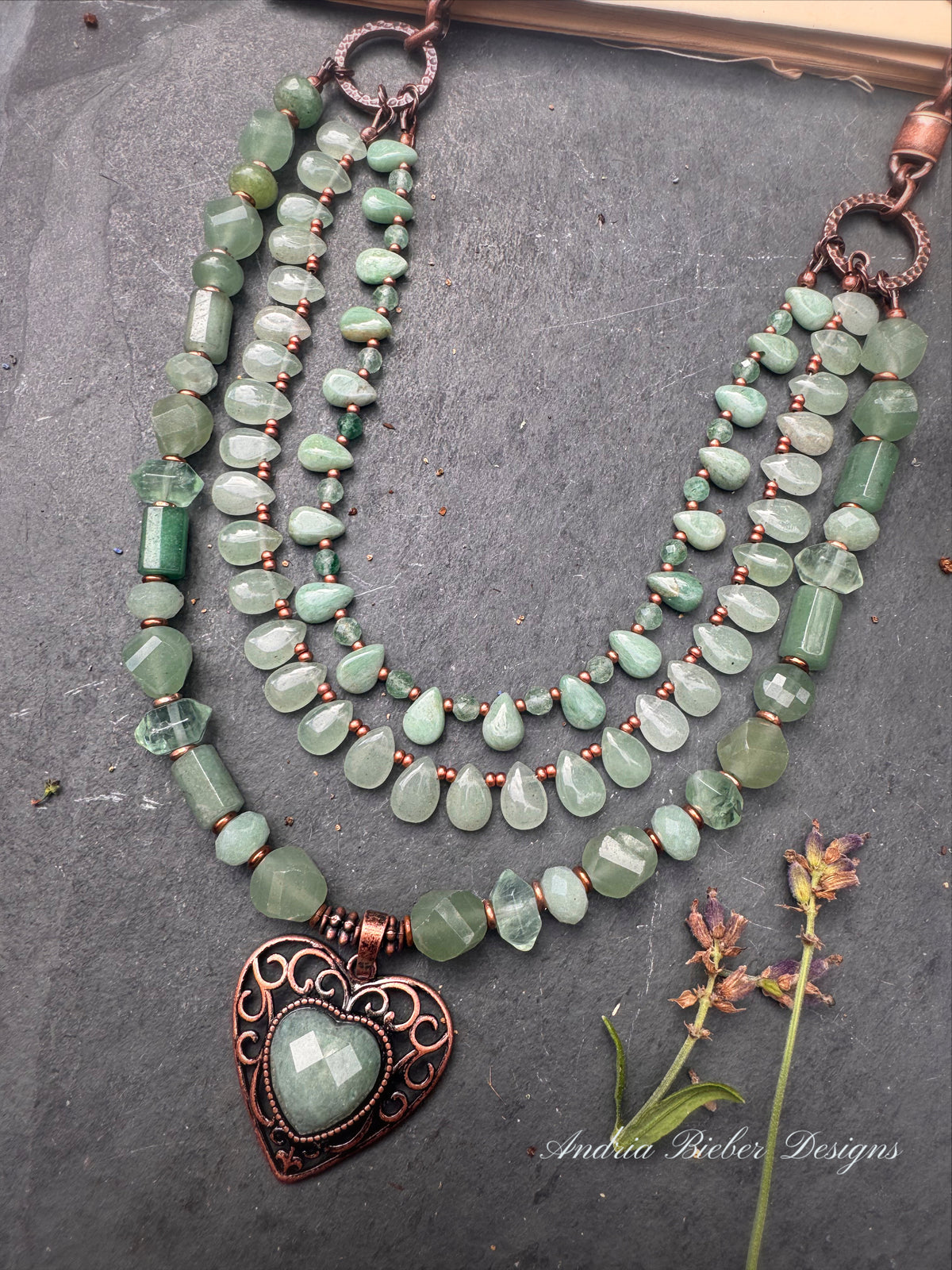 Green aventurine stone, green fluorite stone, and copper metal, necklace