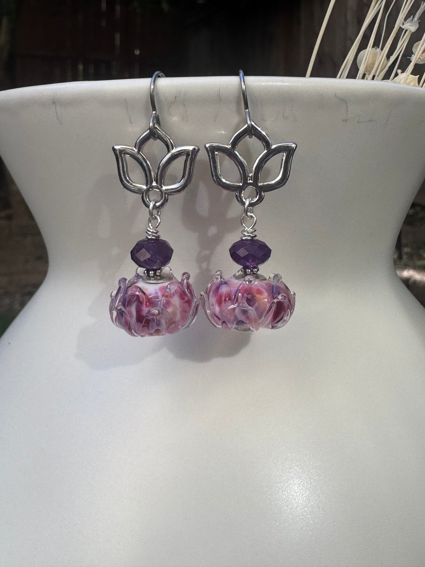 Handmade lampwork glass in pink and purples, lotus flower charm, amethyst stone, earrings