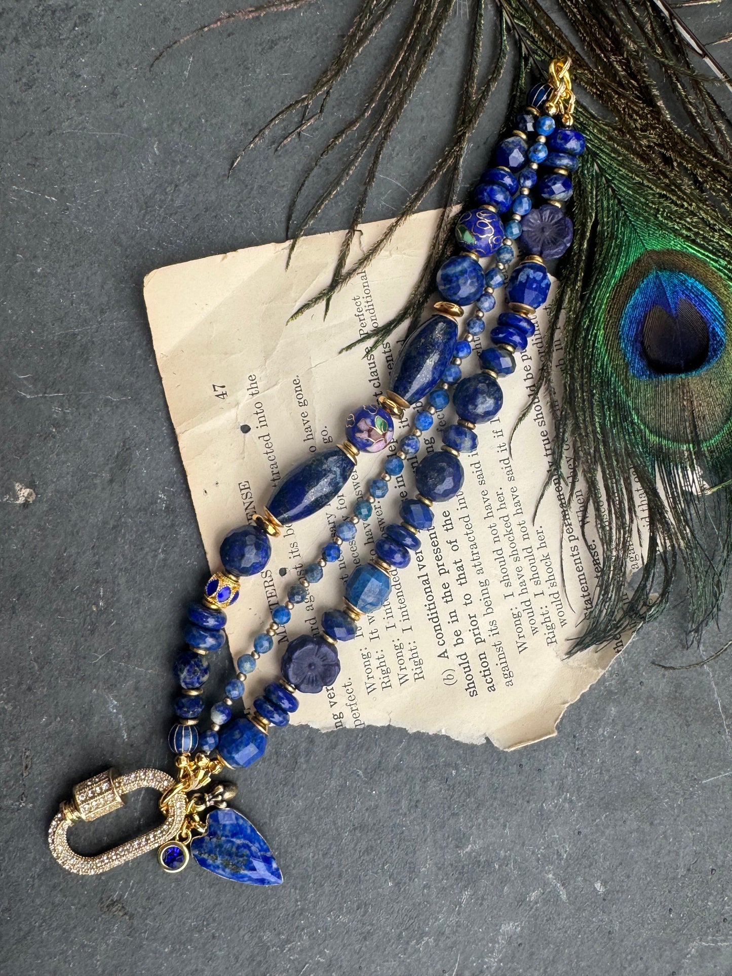 Lapis lazuli stone, cloisonné, Czech glass, gold metal, bracelet. Rhinestone carabiner clasp. ￼