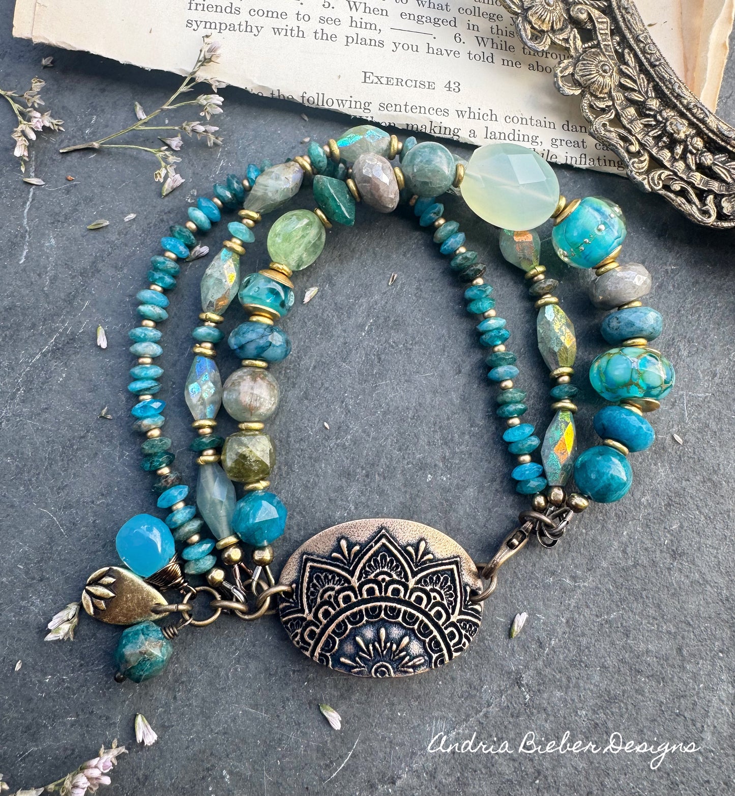 Mixed gemstone, lampwork glass, handmade bronze lotus flower pendant, bracelet
