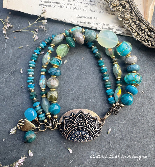 Mixed gemstone, lampwork glass, handmade bronze lotus flower pendant, bracelet