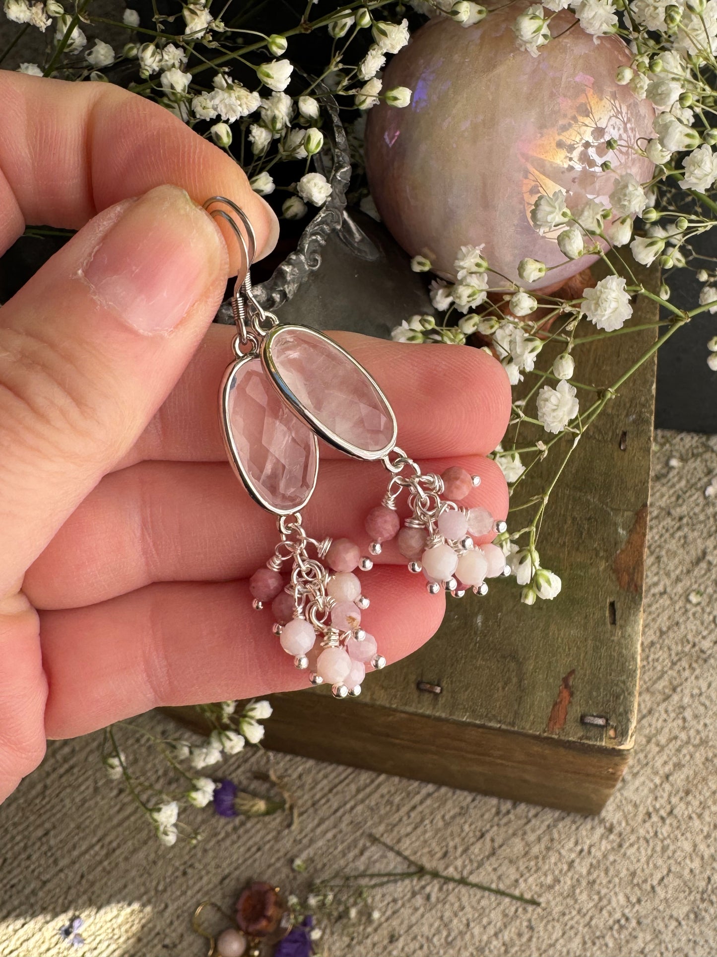 Quartz rose quartz drops, pink opal, silver metal, earrings