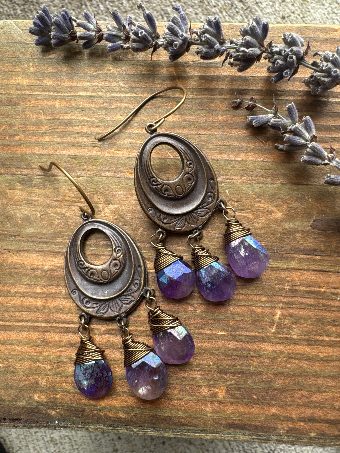 Bronze floral charms, amethyst teardrop mystic stone, earrings