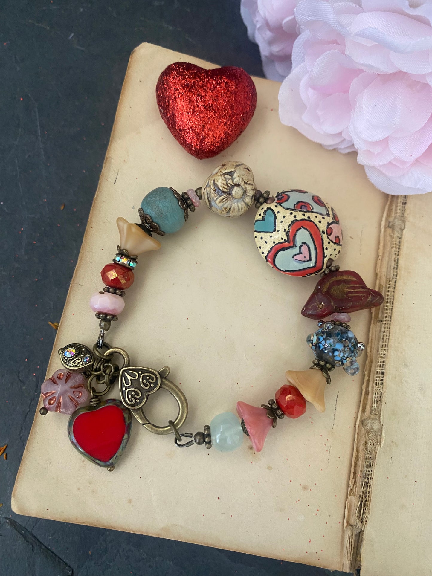 MTO- this won’t ship until March - Ceramic heart bead, lampwork glass, czech glass, mixed stone, bronze metal bracelet