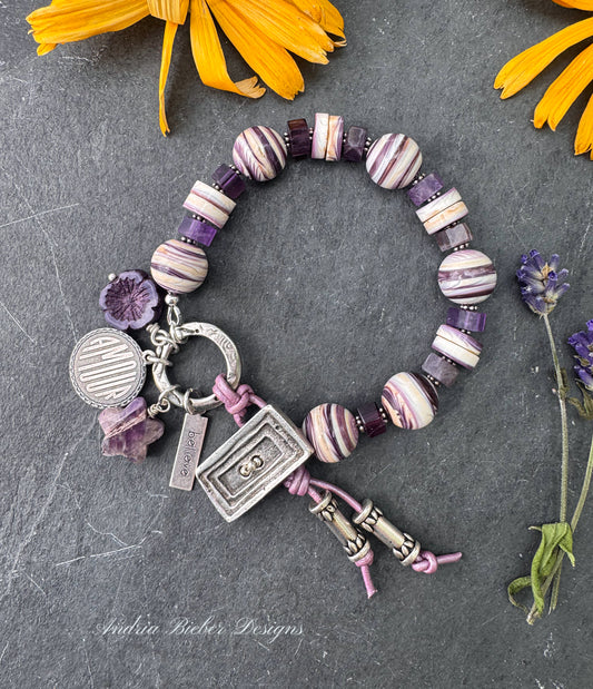Wampum shell, amethyst stone, silver metal, button, bracelet