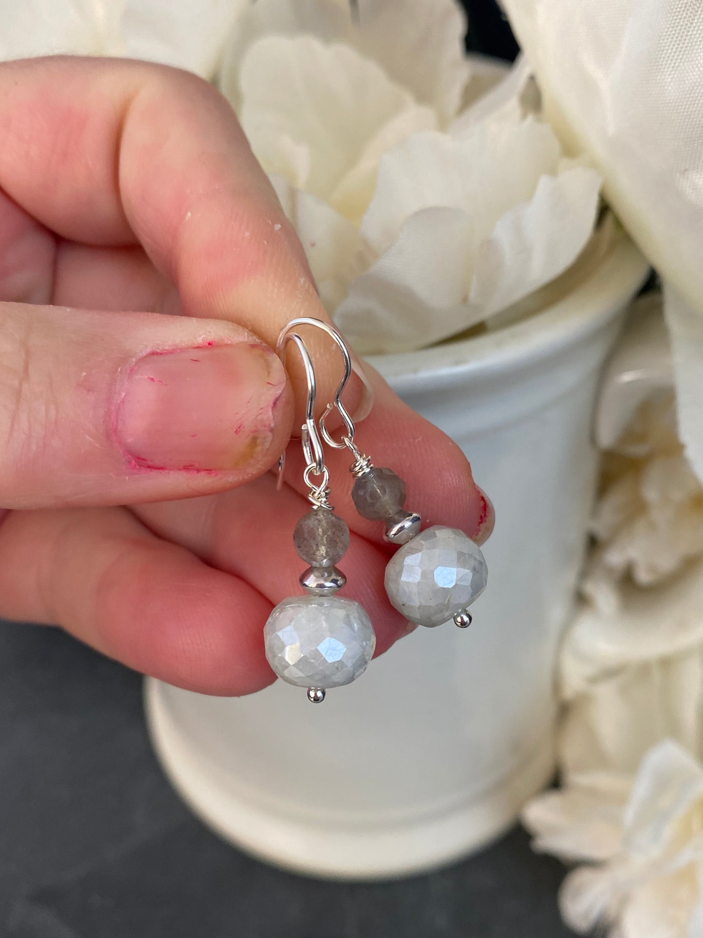 Micro faceted moonstone, labradorite stone, silver metal, earrings, jewelry.