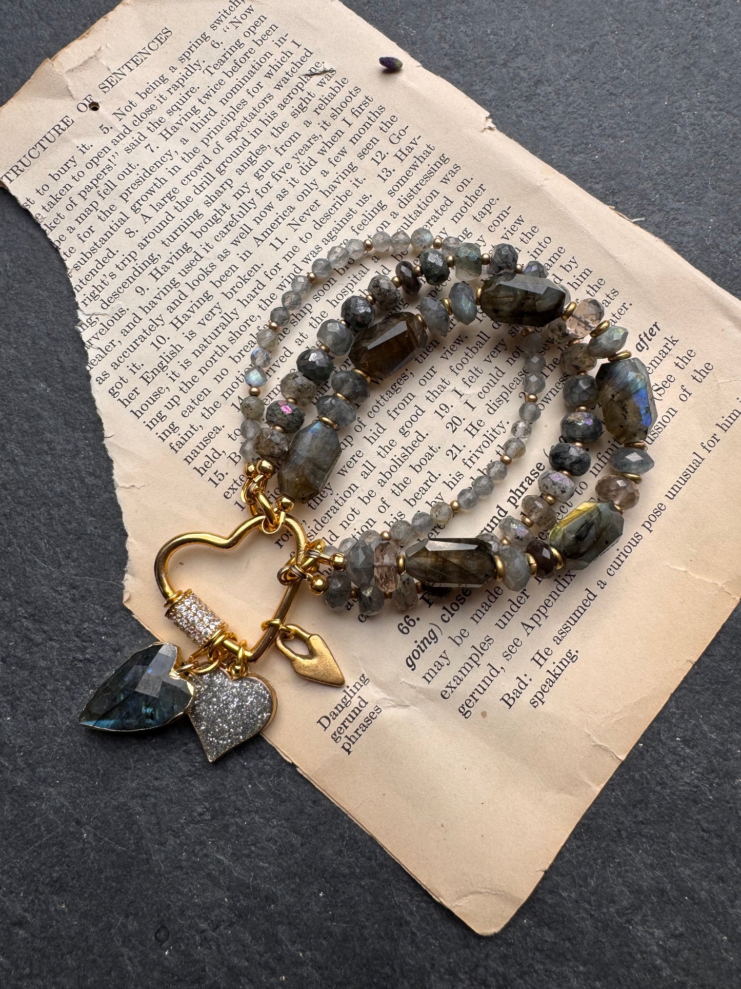 Labradorite faceted stone, rhinestone heart clasp, multi strand, charm, bracelet.