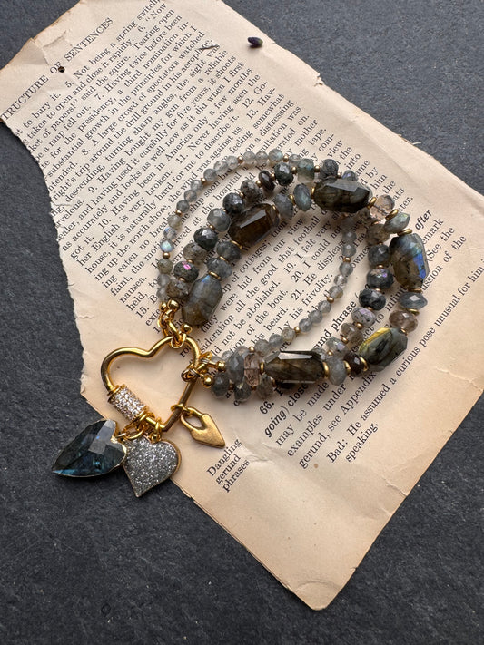 Labradorite faceted stone, rhinestone heart clasp, multi strand, charm, bracelet.