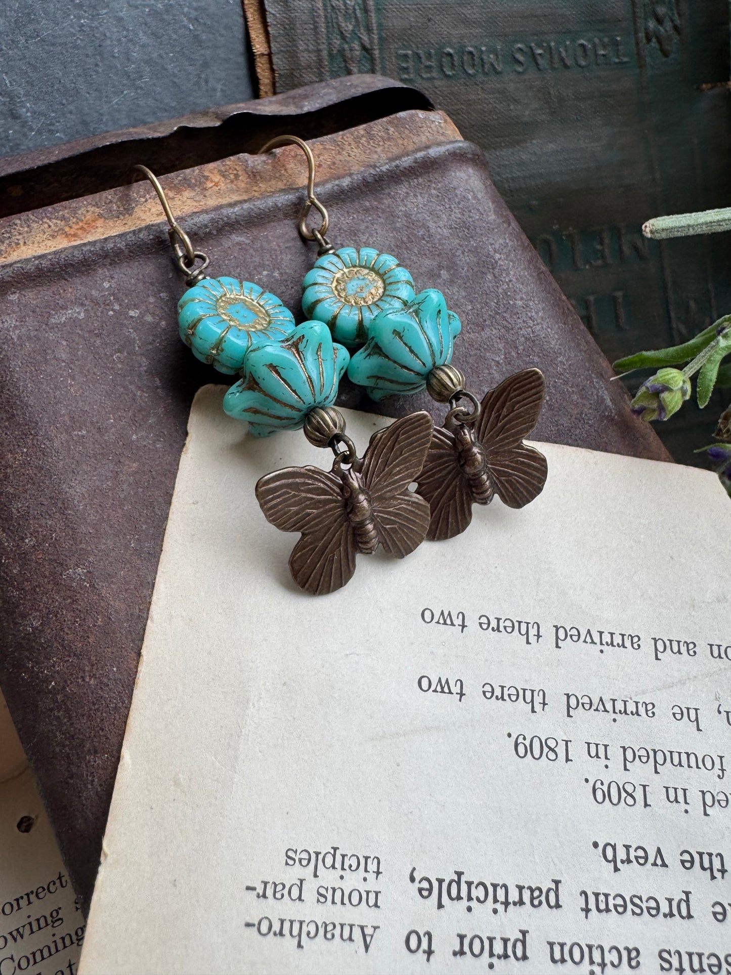 Butterfly Brass charm, turquoise Czech glass, earrings