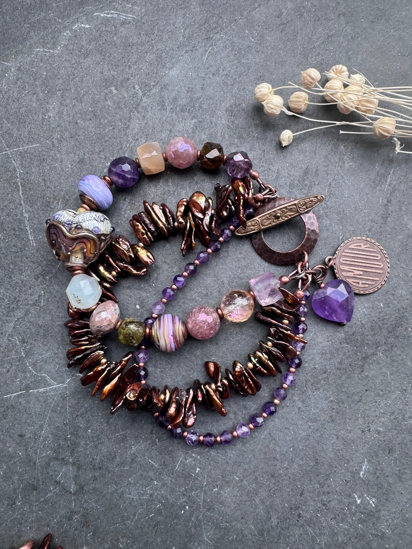 Amour. lampwork glass, amethyst, citrine, strawberry quartz, moonstone, green garnet, pearls, bracelet.