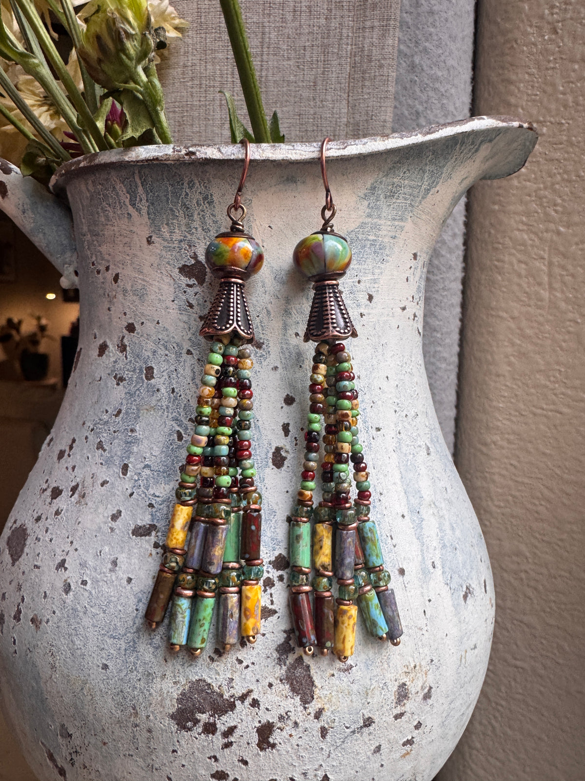 Lampwork glass, Czech glass, copper metal, earrings