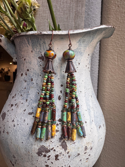 Lampwork glass, Czech glass, copper metal, earrings
