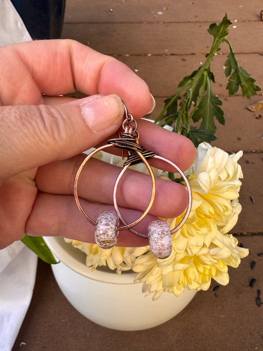Handmade purple and copper sparkle lampwork glass, and copper metal hoop earrings