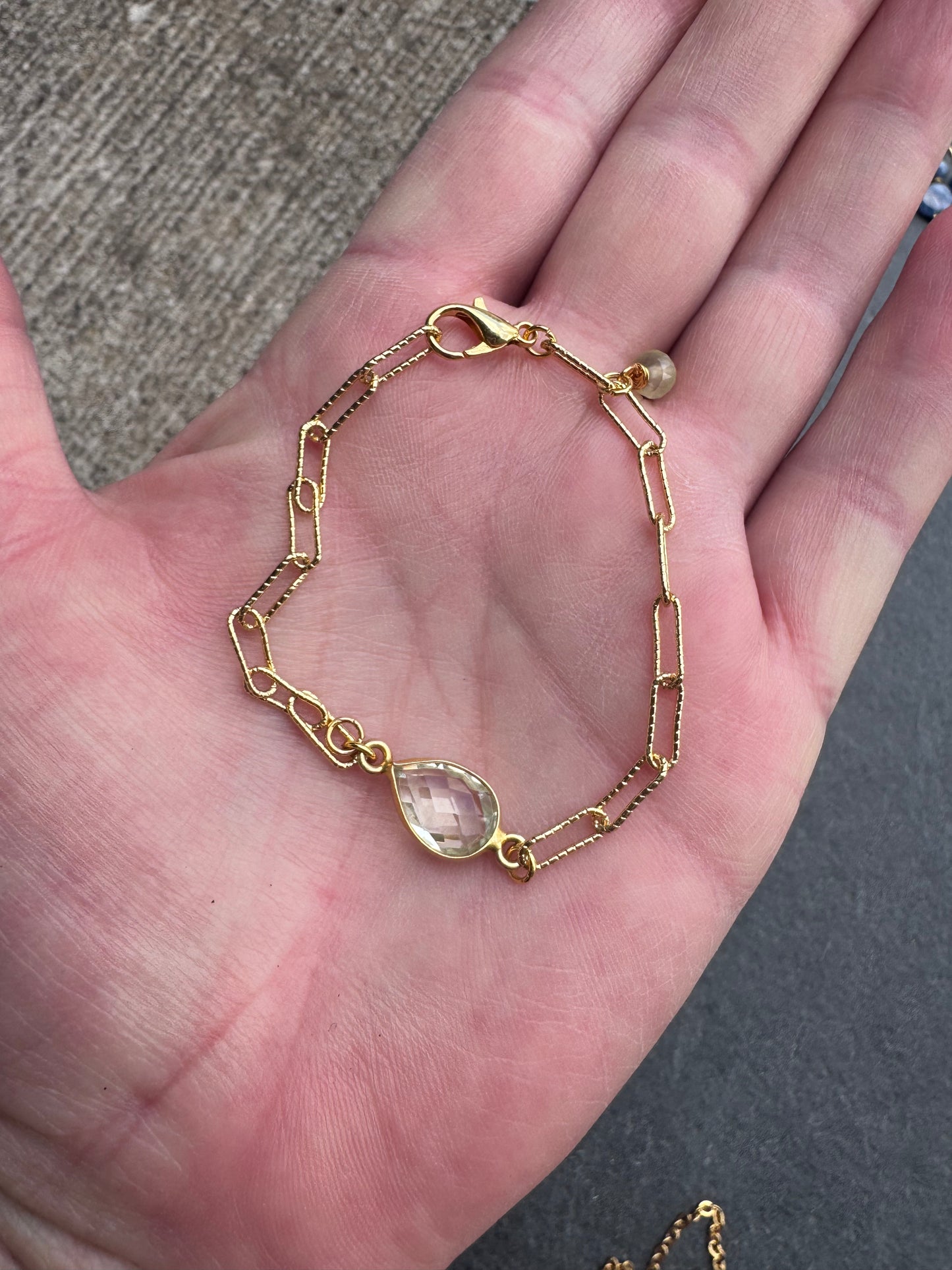 Green Prasiolite gemstone, vermeil and 14 k gold metal bracelet.
