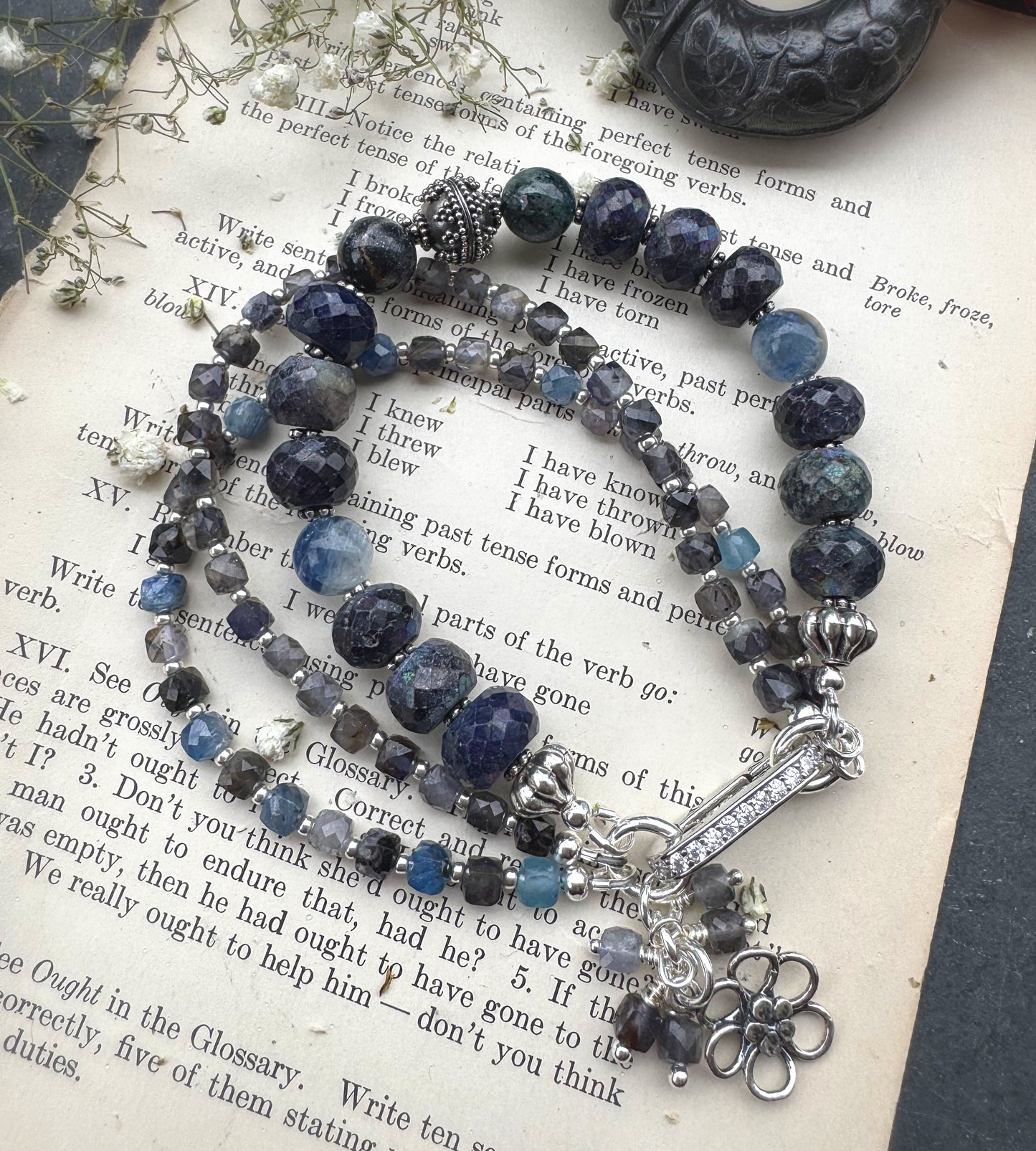Iolite gemstone, kyanite gemstone and rhinestone, silver clasp, bracelet