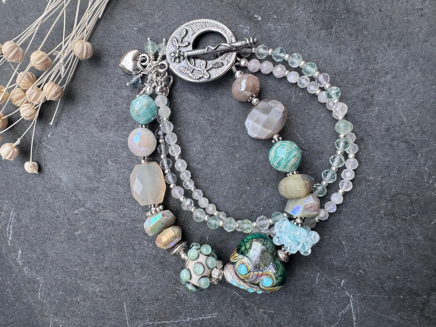 lampwork glass, amazonite , moonstone, fluorite, chalcedony, silver metal, bracelet