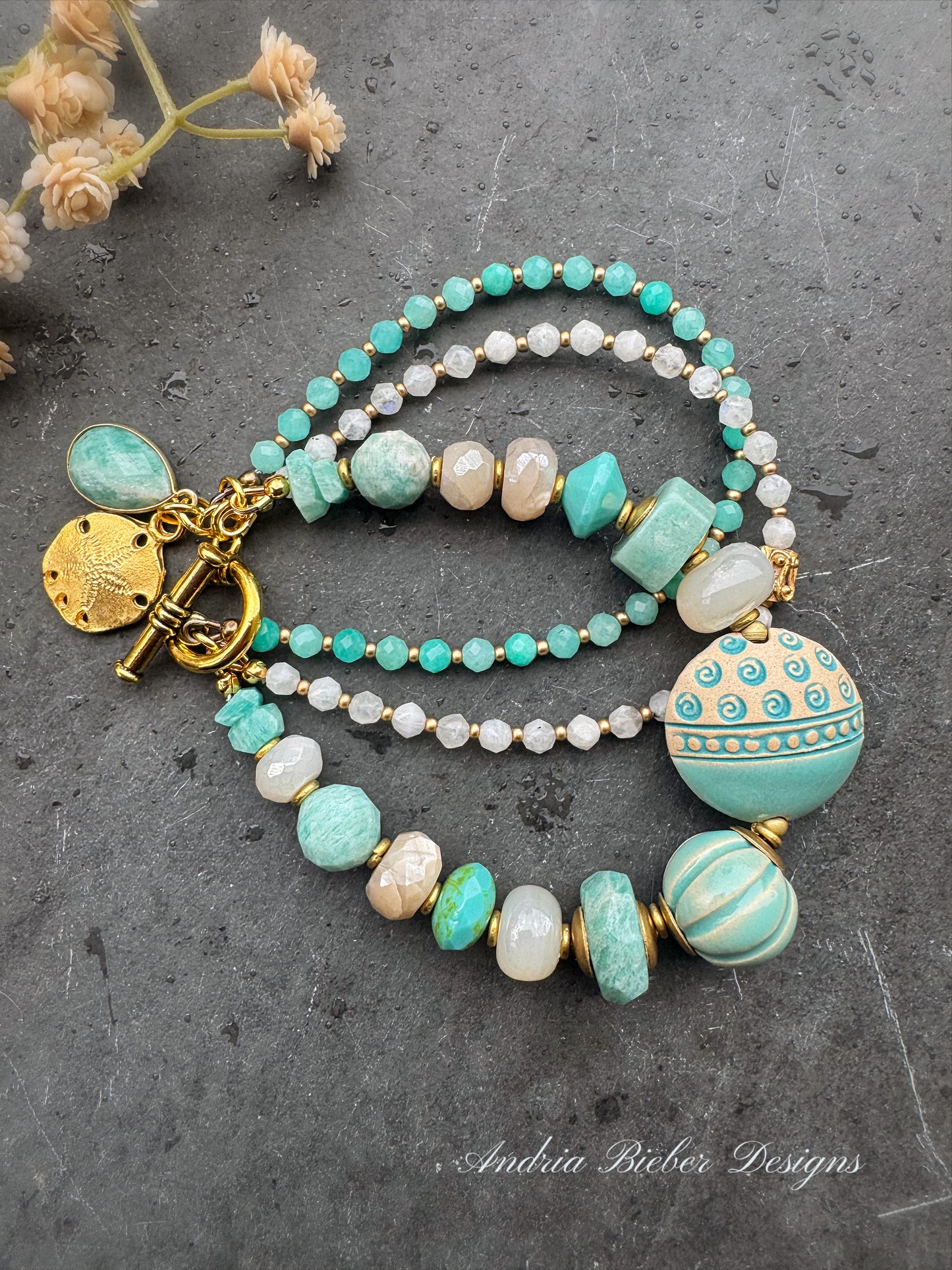 Amazonite, moonstone, ceramic beads, Czech glass, gold metal, bracelet