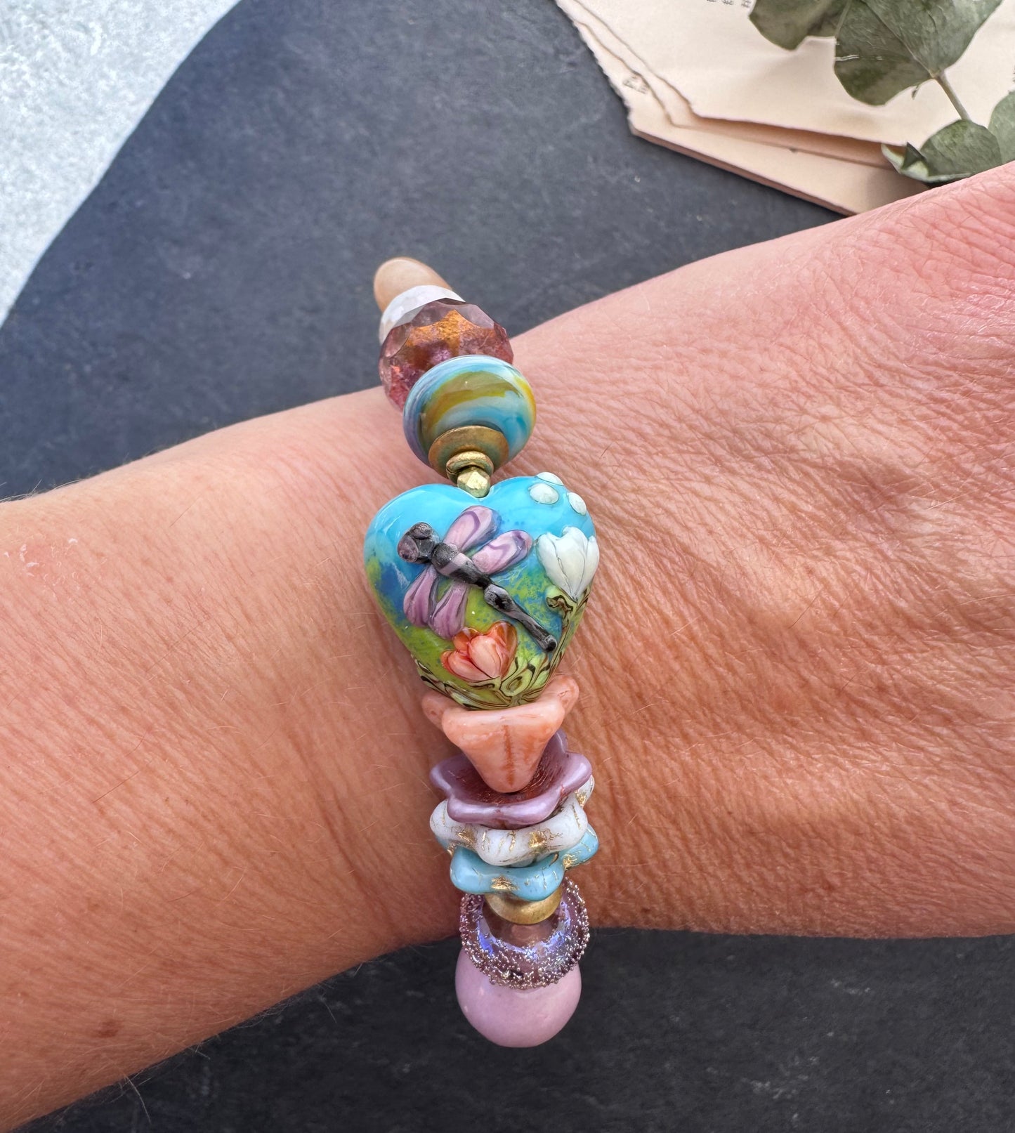Turquoise, handmade lampwork glass, ceramic, fluorite, peach moonstone, Czech glass, bracelet