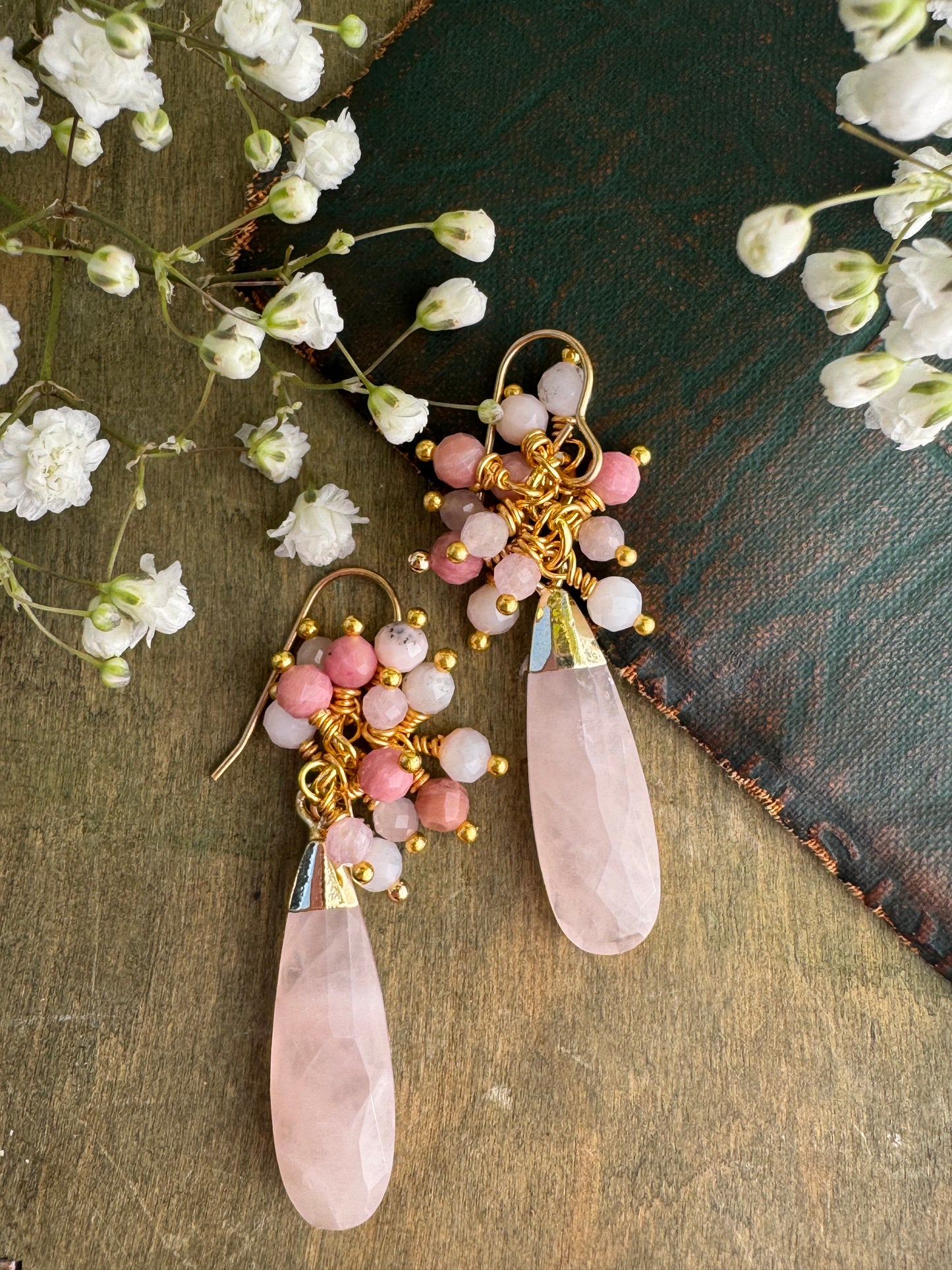 Rose quartz drops, pink Opal , gold metal, earrings