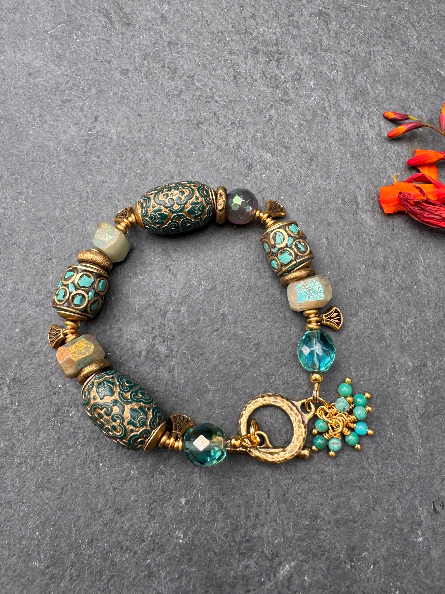 Nepal turquoise beads, AB chalcedony, Czech glass, huebei turquoise, gold metal, bracelet