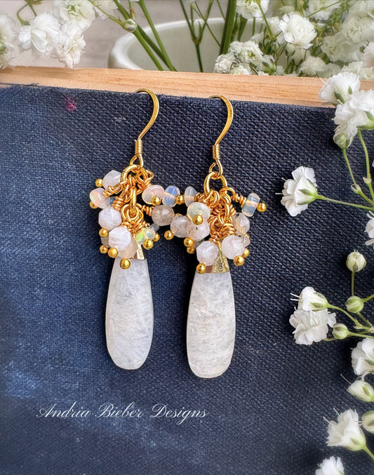 Moonstone, Opal stone, gold metal, earrings