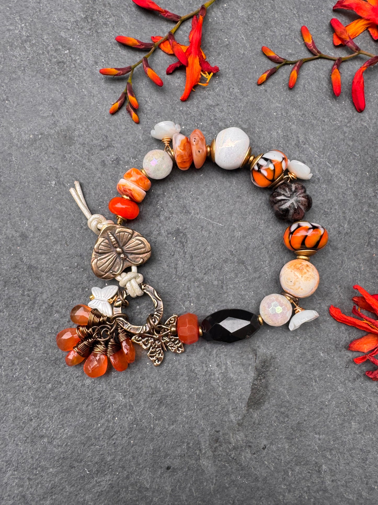Monarch butterfly. Mixed stone, handmade lampwork Glass, butterfly button, bracelet