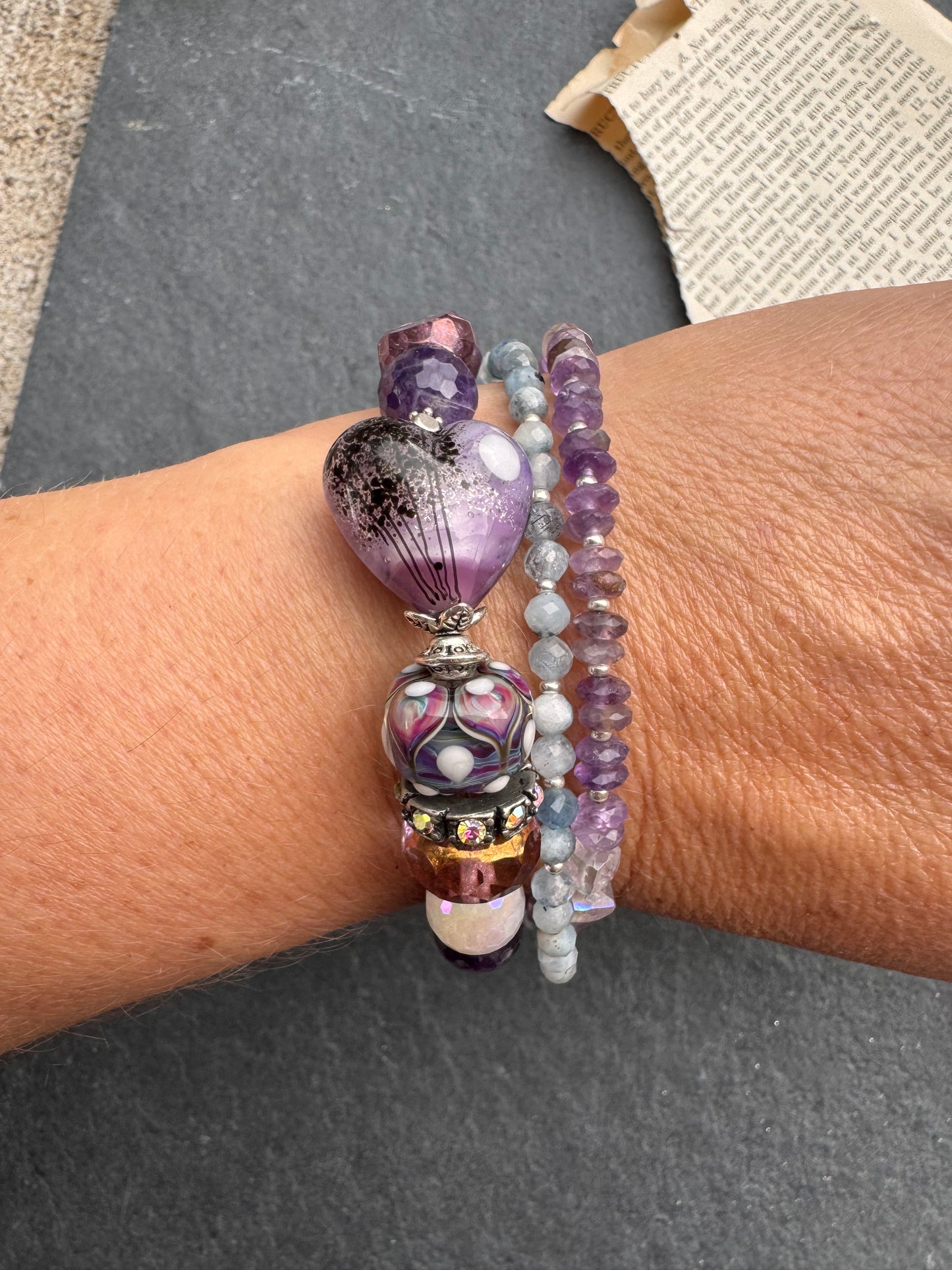 Cosmic layers. Aquamarine, Handmade lampwork glass, rhinestones, moonstone, amethyst, silver metal, flower clasp, bracelet