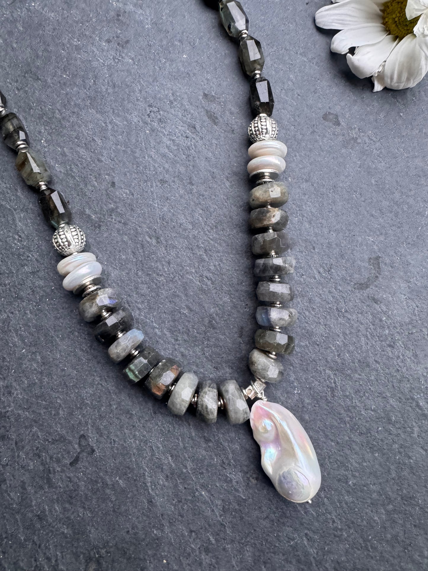 Labradorite, baroque pearl, pewter, silver metal, necklace.