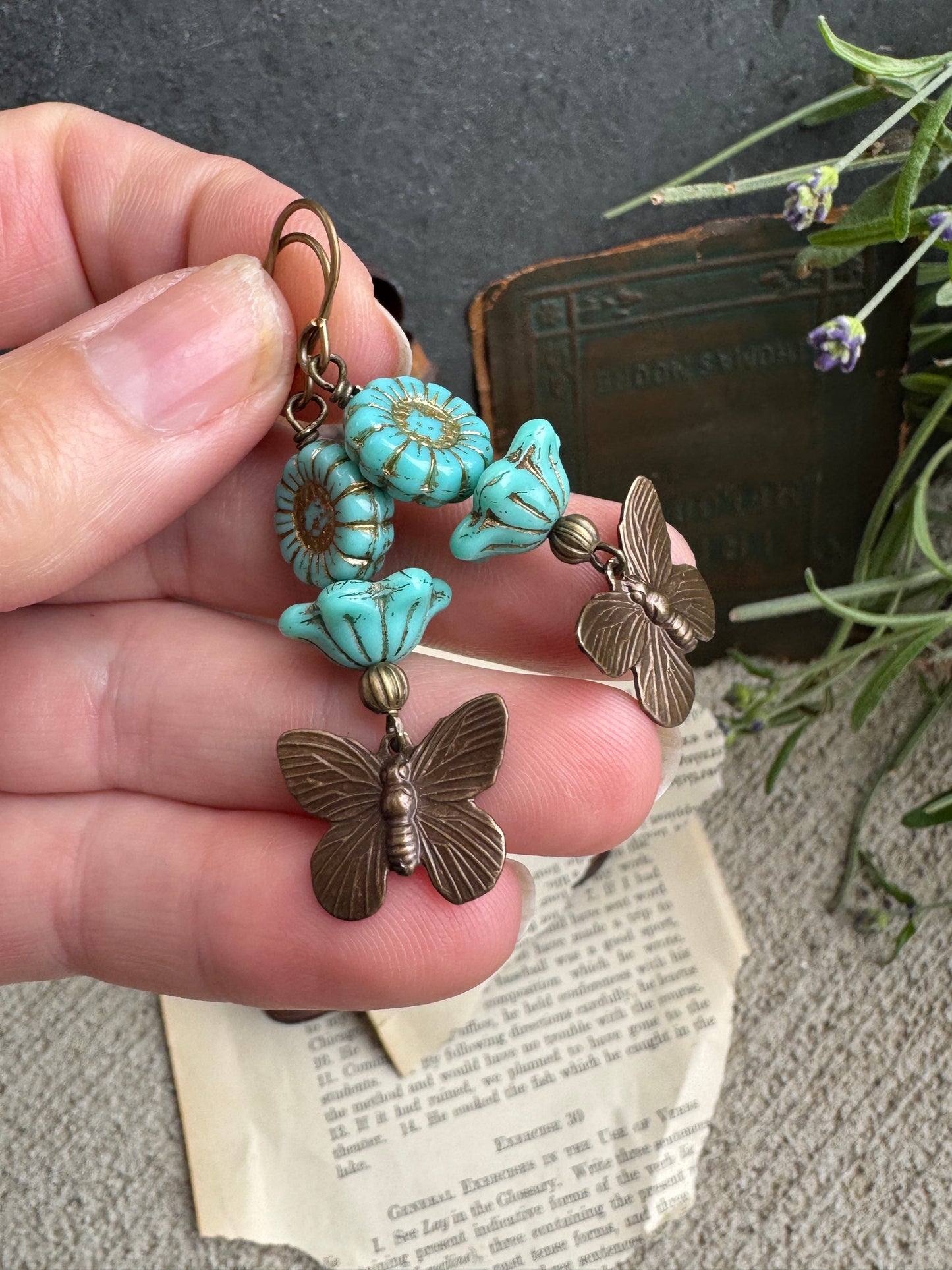 Butterfly Brass charm, turquoise Czech glass, earrings