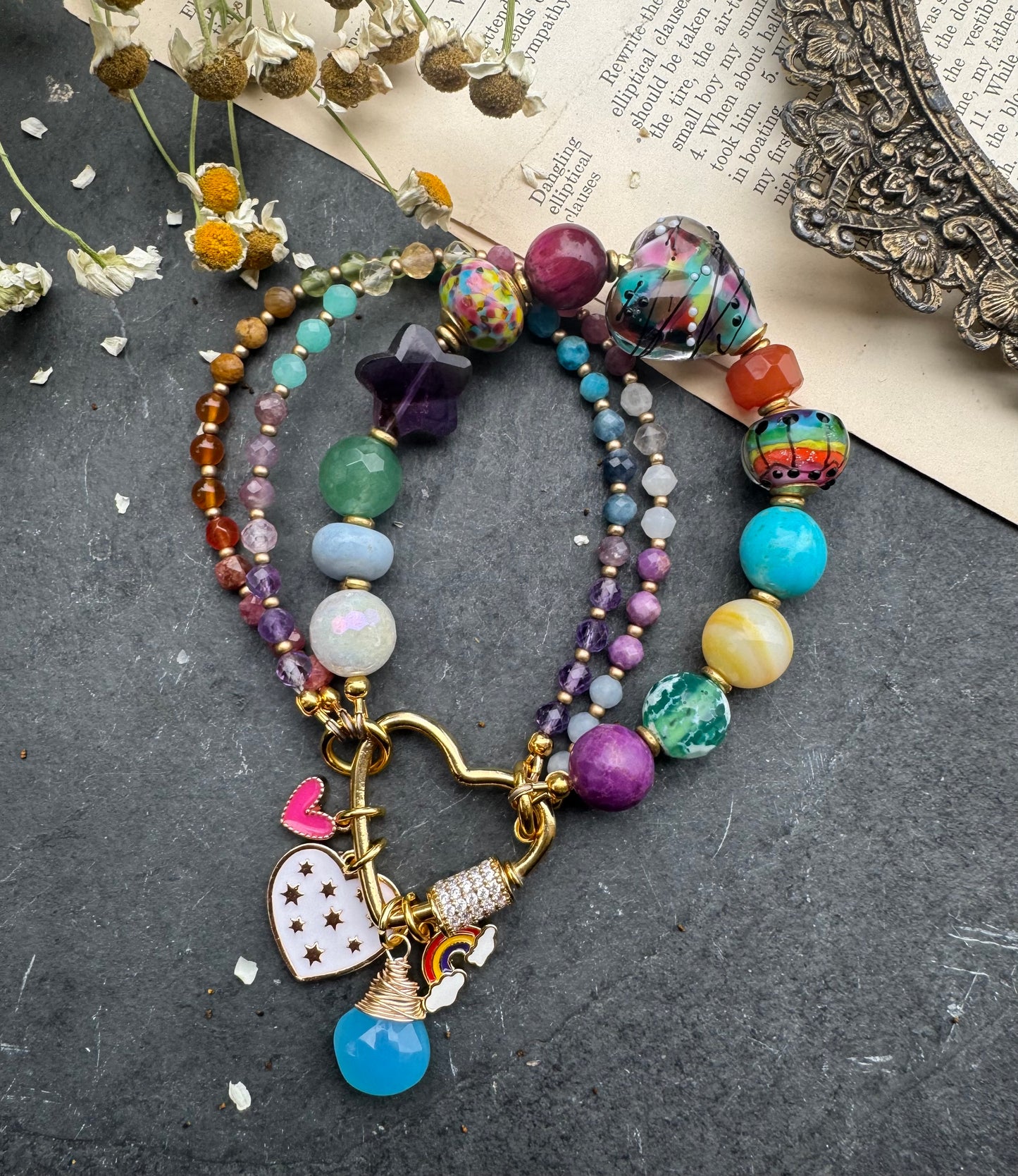 Rainbow. Mixed gemstone, lampwork glass, rhinestone clasp. Kit.