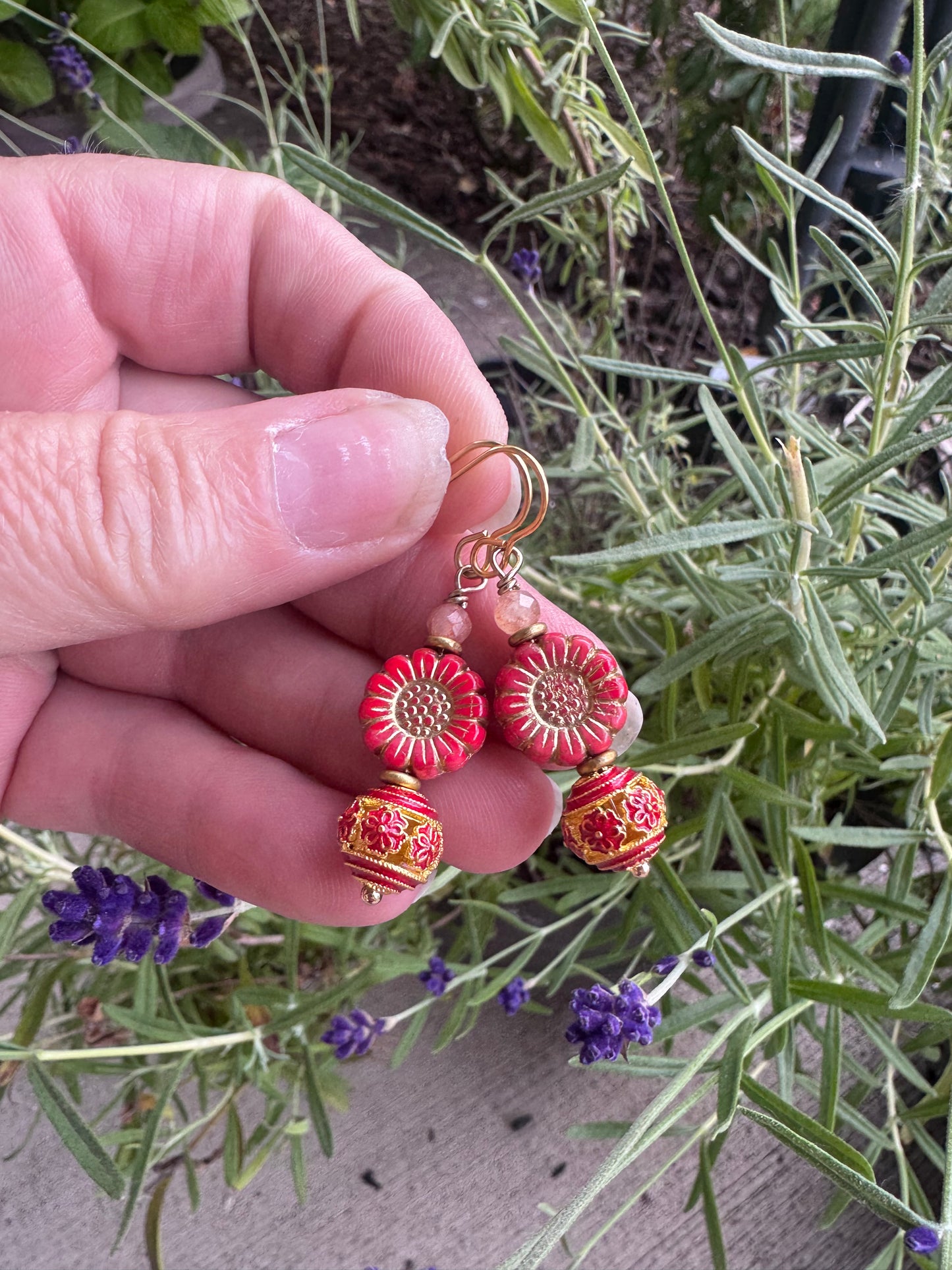 Red and gold, cloisonné, Czech glass, brass metal, earrings