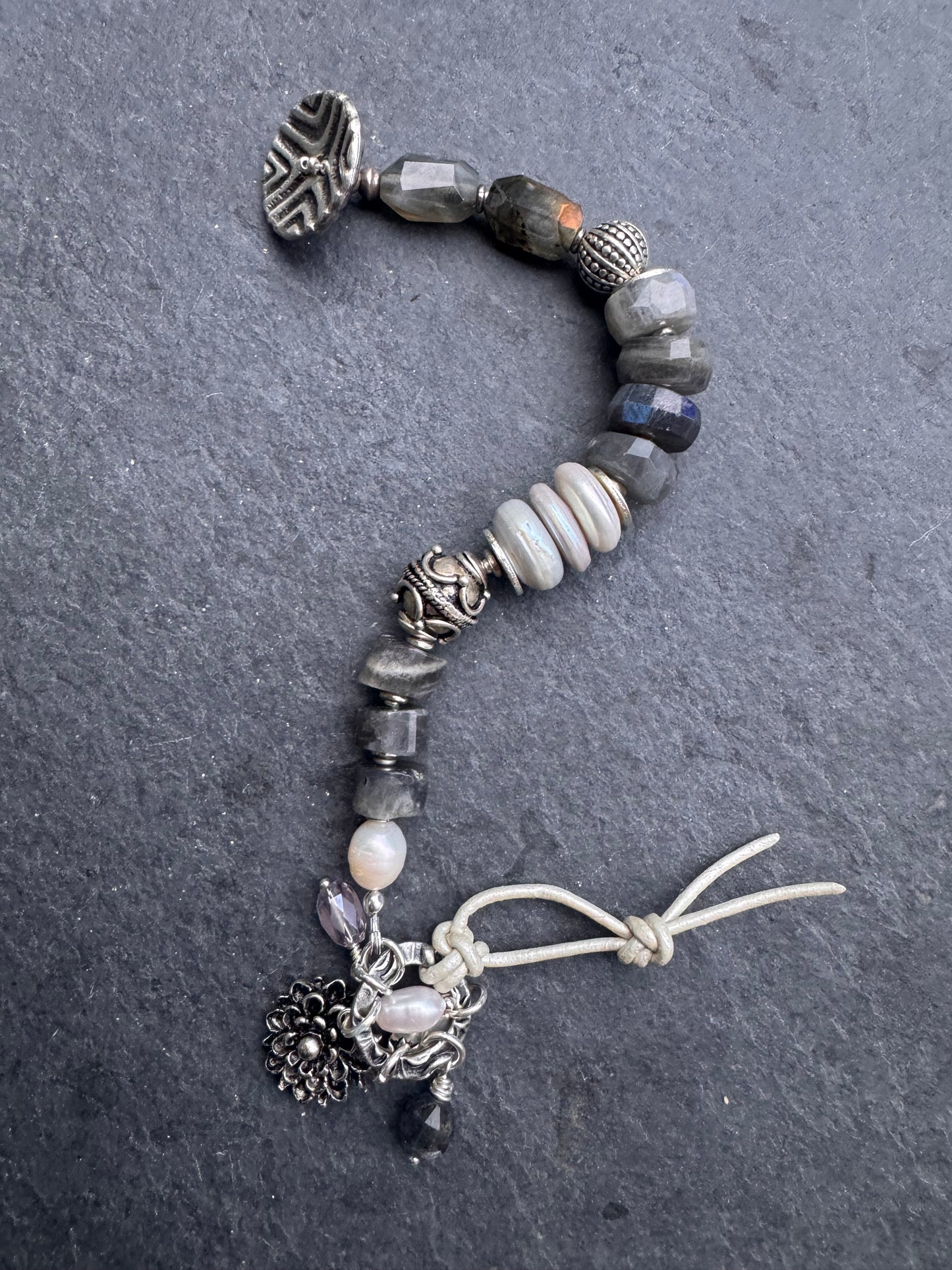 labradorite, pearls, silver metal, button, bracelet