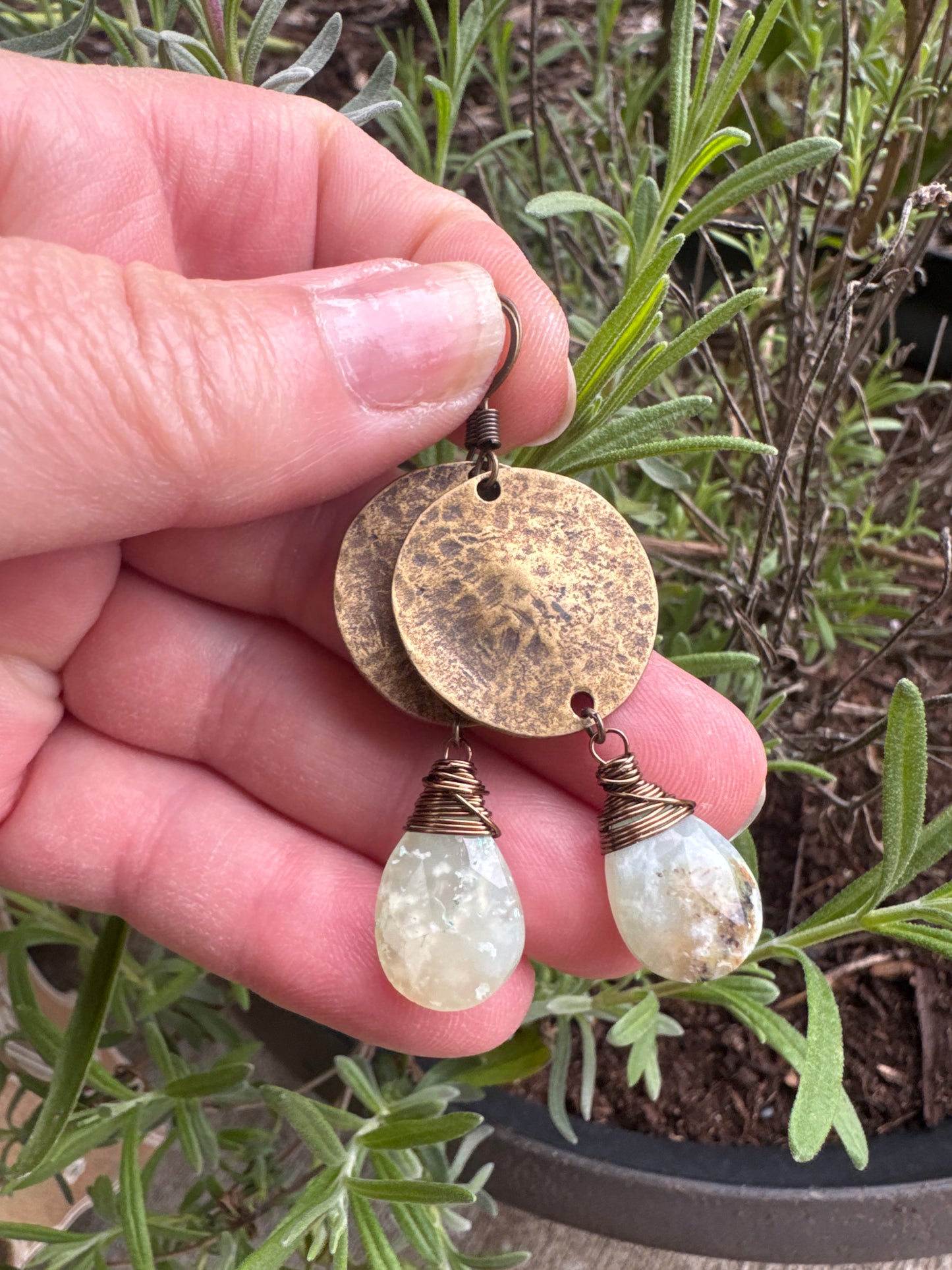 Brass hammered charms, chalcedony stone, earrings