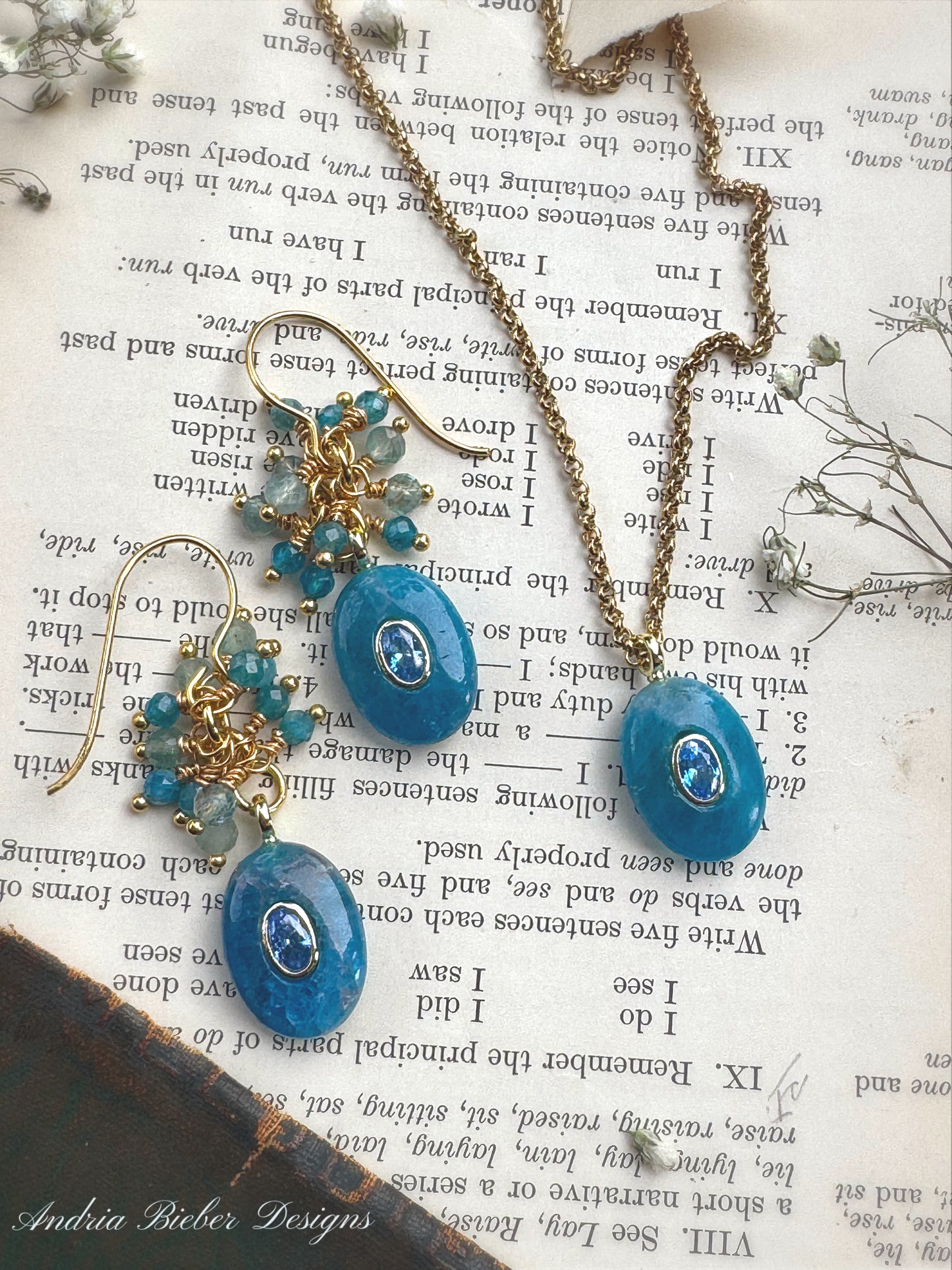 Apatite, blue crystal, gold metal, necklace