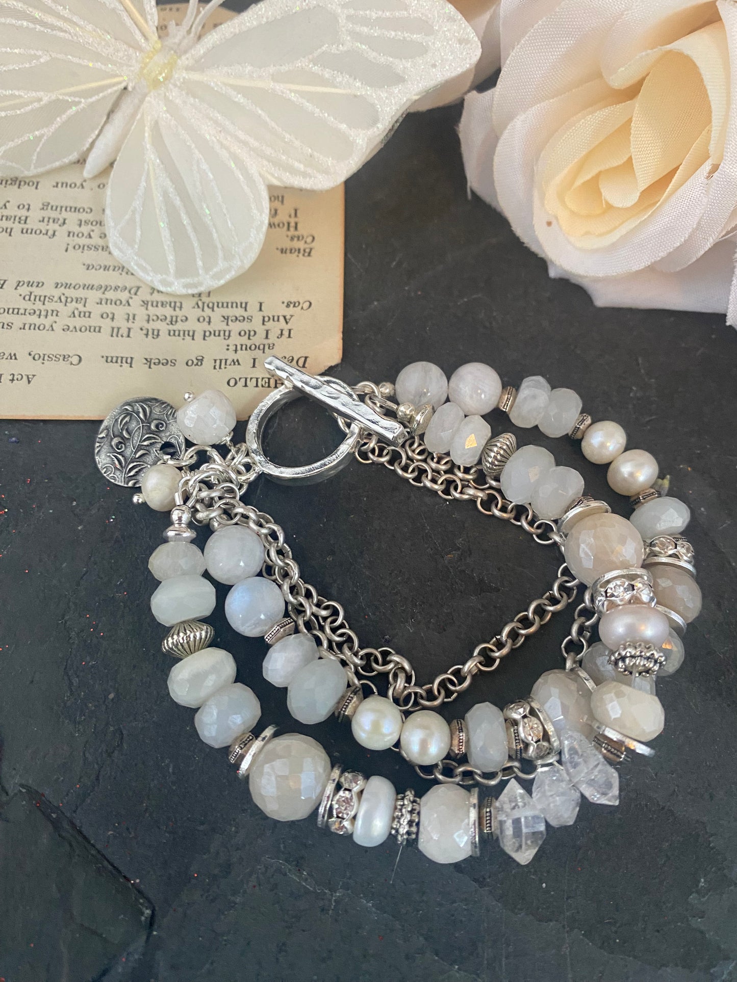 Moonstone, herkimer diamonds, pearls, silver bracelet, jewelry